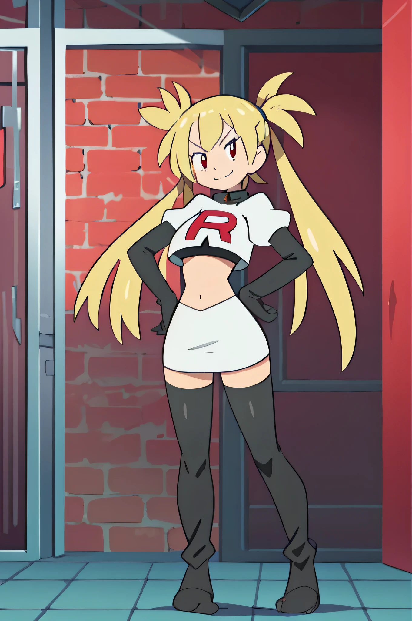 1girl in, (Solo:1.2), (Perfect body:1.1), (Best Quality:1.1), Cute Girl, Tsundere:1.1, (student clothes:1.4), (tiered layers skirt:1.2), very large breast, a blond, Long twintails, Black Ribbon Hair Fastening, Tsuriformes, sharp eye, Sanpaku eyes, (Seductive smile:1.5), Noble atmosphere, Fine-grained skin, (Choker with a heart gem:1.1), View of the valley, Navel Ejection, Raw feet, a belt on the thighhigh, Bright red eyes, Shining eyes, (NSFW:0.8), 8K, a belt on the thighhigh, Skinny Legs, School grounds with grass, full body seen, (Looking down here:1.2), (Loose socks:1.3), I don't have anything in my hands, No one around,,masterpiece, best quality, highres,team rocket uniform, red letter r, white skirt, white crop top, black thigh-high boots, black elbow gloves, glaring angrily, looking at viewer, hands on hips, full body seen, zettai ryouiki
