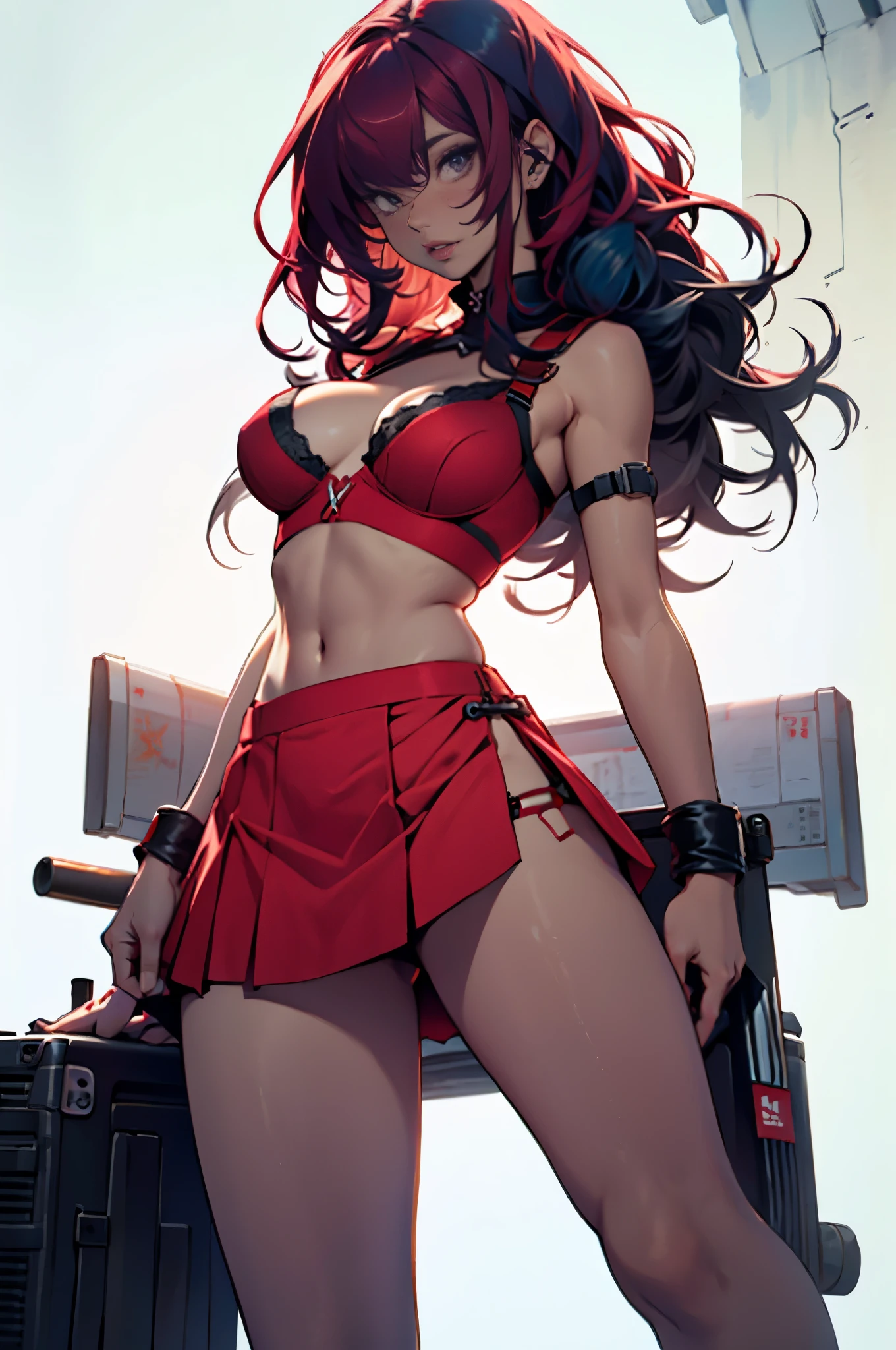 Beautiful girl, wearing a red mini skirt and a red bra, large , very long blue hair, arms and legs spread apart, white background.
