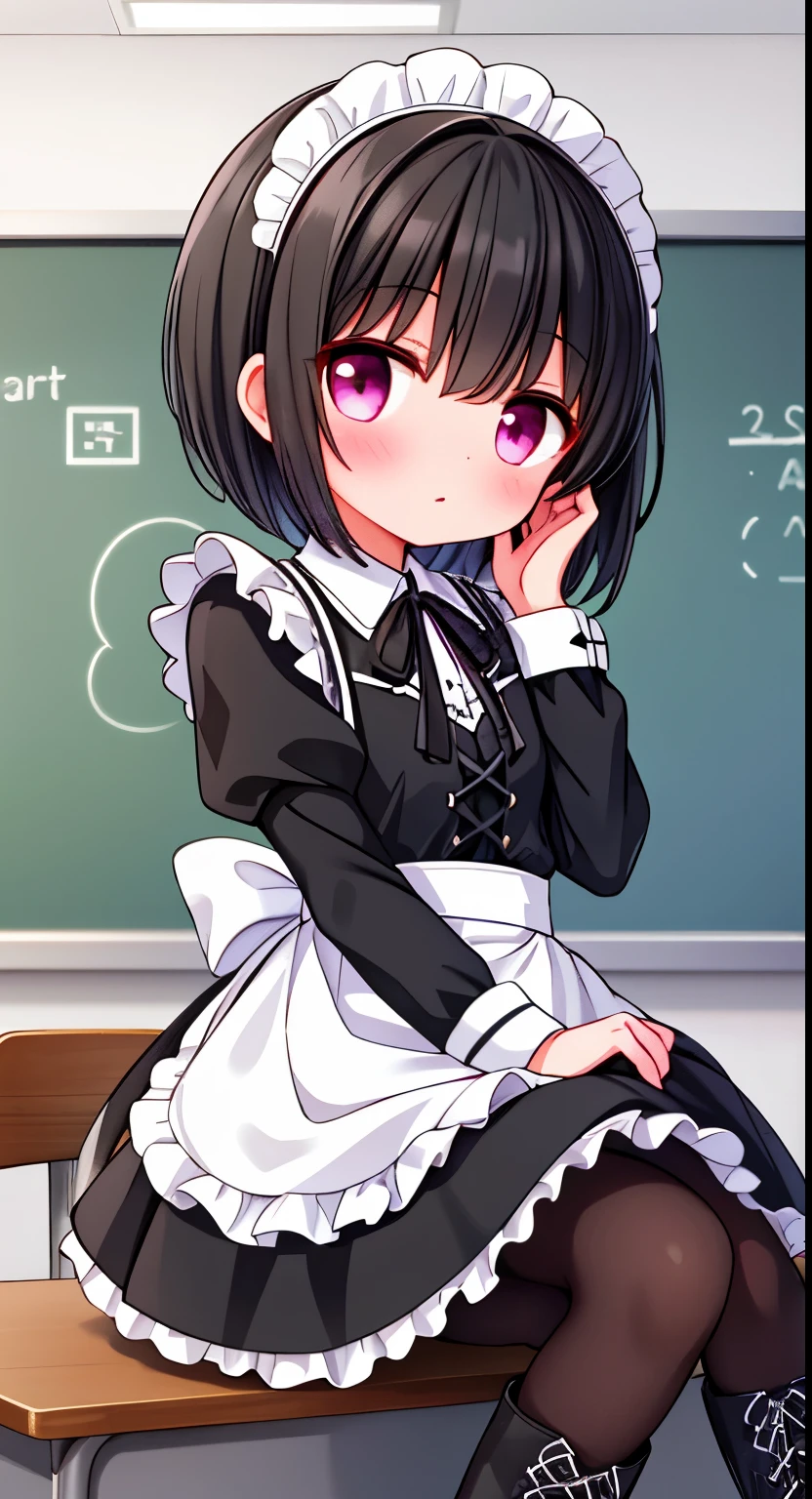 girl,short black hair,maid outfit,Black lace-up boots,white pantyhose,blush shy,classroom scene,demon