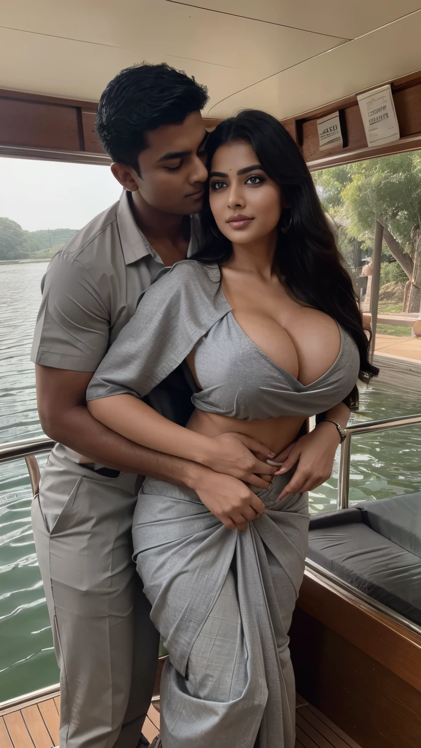 busty woman with huge breasts wearing grey saree in a boat standing and posing for a picture with a indian boy male wearing old shirt hugging her