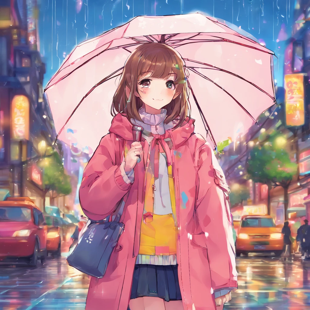 1 girl,City of night,rain,coat,put one's hand in one's pocket