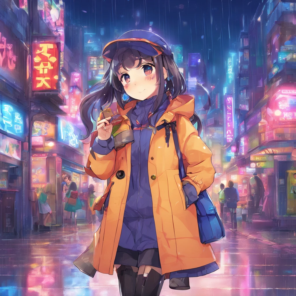 1 girl,City of night,rain,coat,put one&#39;s hand in one&#39;s pocket