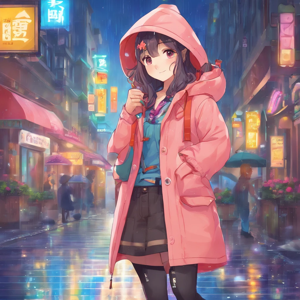1 girl,City of night,rain,coat,put one's hand in one's pocket