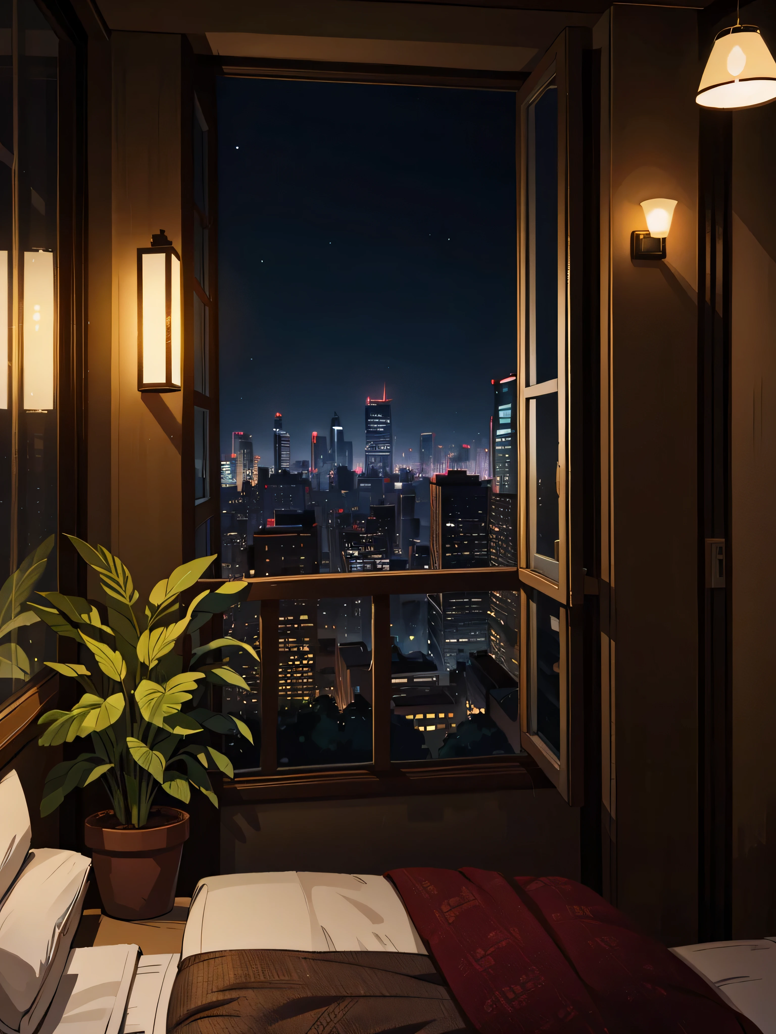 masterpiece, best quality, 40 k, photorealistic, cinematic light, hotel room, window, (plant in a pot:0.5), (cityscape in the background:0.6), night