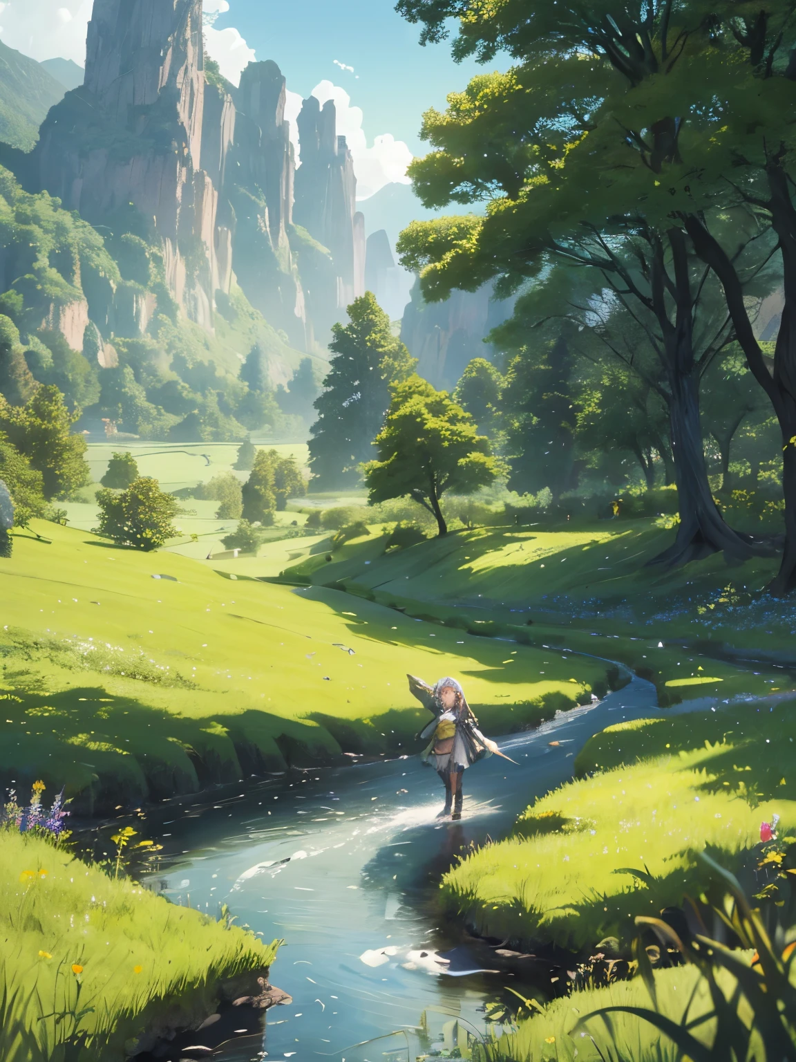 In a green meadow stands a girl leading a group of knights.
BREAK
With a brave expression, she guides them towards their destination.
BREAK
Behind her, a green forest stretches out and beyond that, mountains rise in the distance.
BREAK
The most suitable effect for this scene would be a watercolor painting technique to capture the softness of the meadow and the fluidity of the movement.