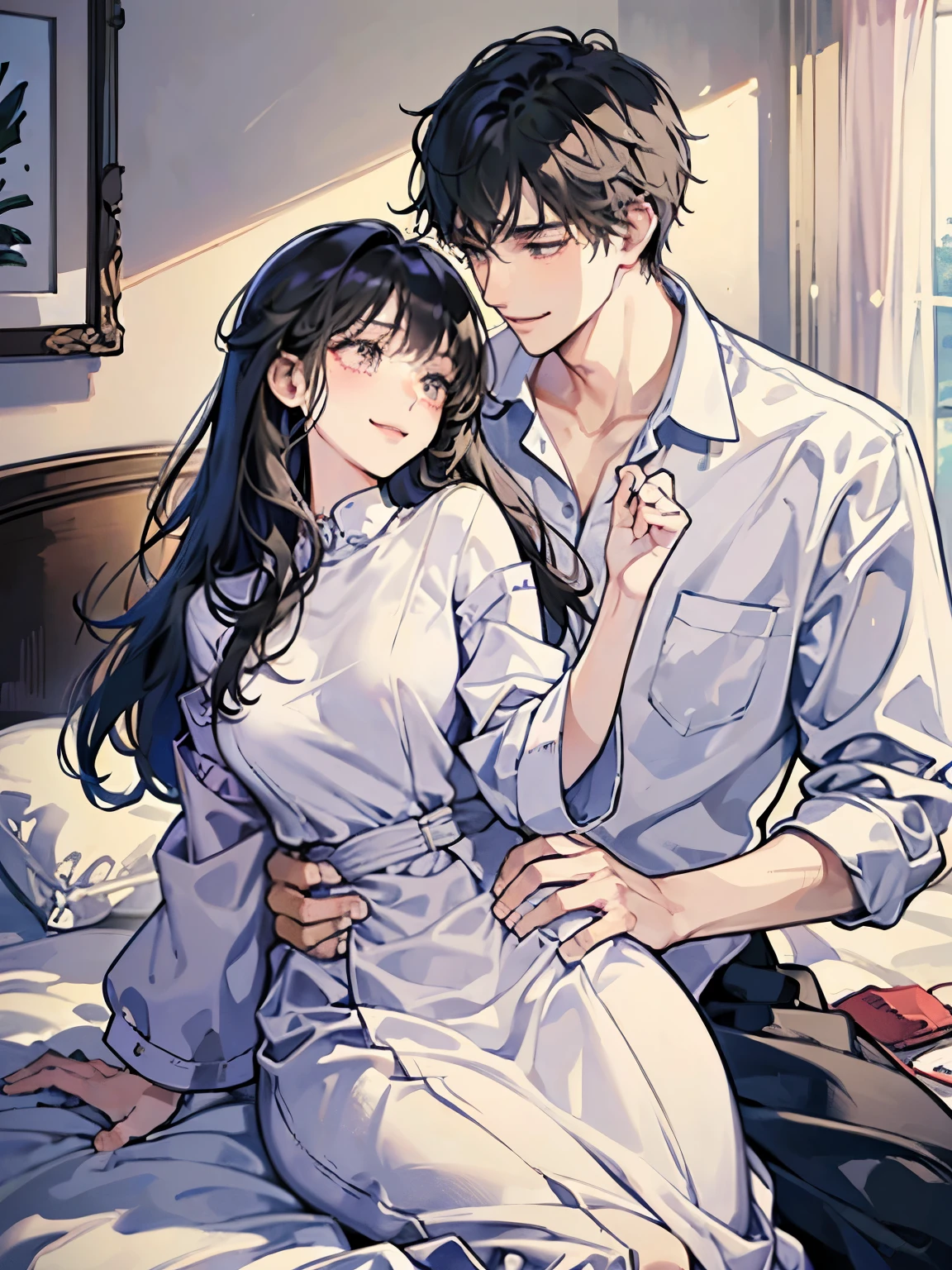 college student couple、Lovers、black hair girl、cute、droopy eyes、hug、tall man、Handsome guy、detailed face、バックhug、pajamas、white clothes、bedroom、A woman sits on a man&#39;s lap、smile