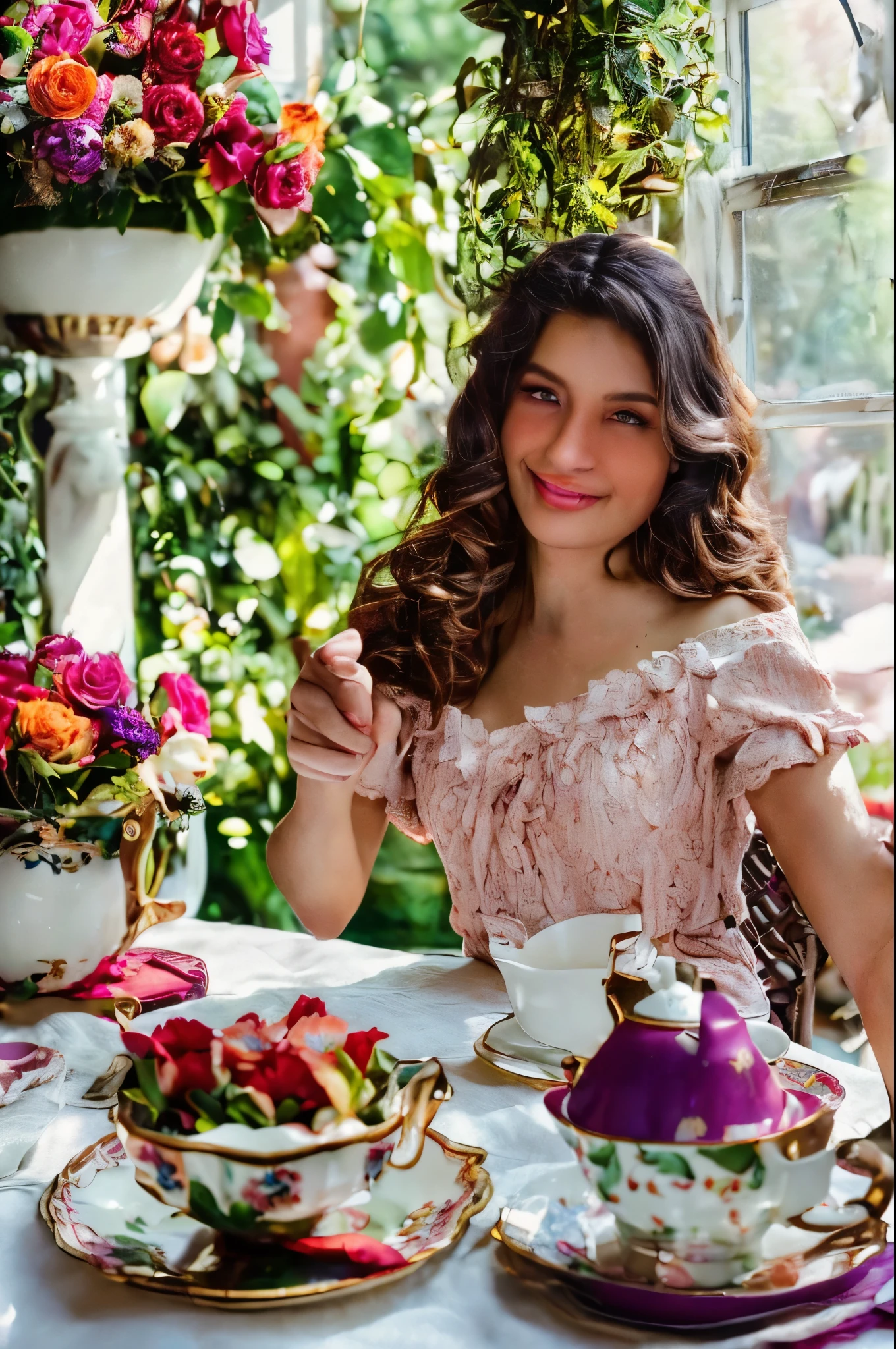 best quality,4k,8k,highres,masterpiece:1.2, ultra-detailed, realistic:1.37, (vibrant colors), (soft lighting), 2 girls, portraits, sitting at a table, delicate porcelain teacups, tea steam rising, beautiful detailed eyes, beautiful detailed lips, charming smiles, flowing hair, elegant attire, intricate lace patterns, floral decorations, sunlight filtering through a window, peaceful ambiance, cozy atmosphere, vintage teapot, delicate teacakes, graceful hand gestures, warm conversations