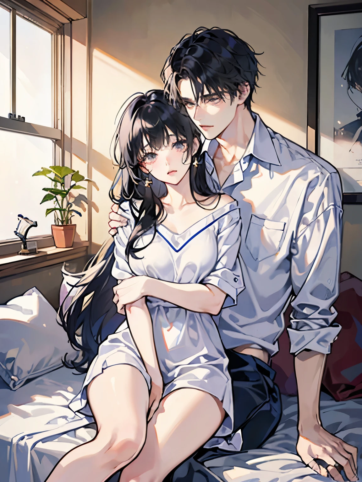 college student couple、Lovers、black hair girl、cute、droopy eyes、hug、tall man、Handsome guy、detailed face、バックhug、pajamas、white clothes、bedroom、A woman sits on a man&#39;s lap、Highest image quality