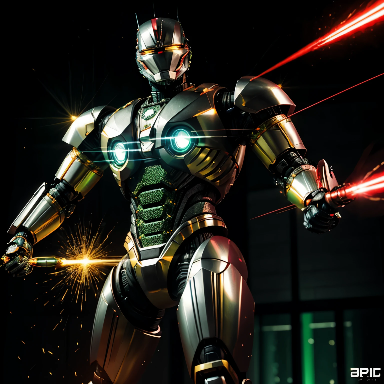 Ultrarealistic metal made from titanium alloy, gold and crystals all over the build of the Robocop cyborg character, epic style, red,green and yellow laser light, He was jumping with a weapon,high quality, powerful, Hyperrealism, very detailed, light cgi background, cinematic lighting, very detailed, photography, 3d, octane, high graphics,photo 8k