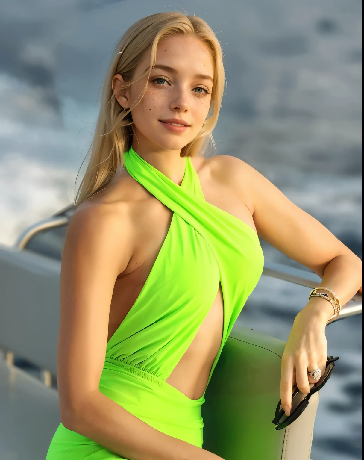 Rosto de uma mulher, americana, 25 anos, pale skin and freckles, olhos cinzas, nariz delicado, soft and delicate lips, cabelo blondie cinza longo e ondulados, sorriso meigo, full hair down to the waist