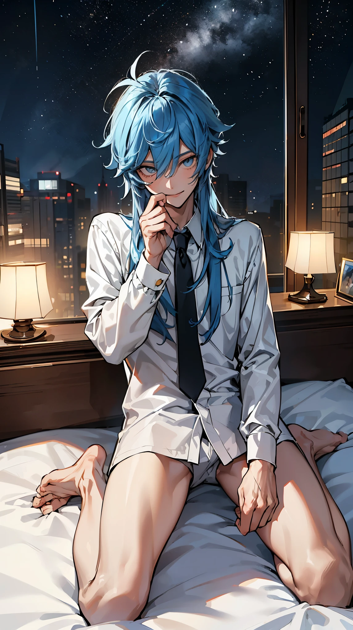 (disorganized, High resolution, Super detailed), ((one-boy:1.3)), ((defined body)),((legs spread wide in bed:1.3)),Handsome Yingying, man in his 20s,(Kneeling Pose),(long hair,Tie it together,Sky blue hair,messy hair)),tall, small eyes and small face,pale skin, eyeliner, (beautiful boy),,smile,(white clothes), Sexy is,youth,Photo taken from above,night time