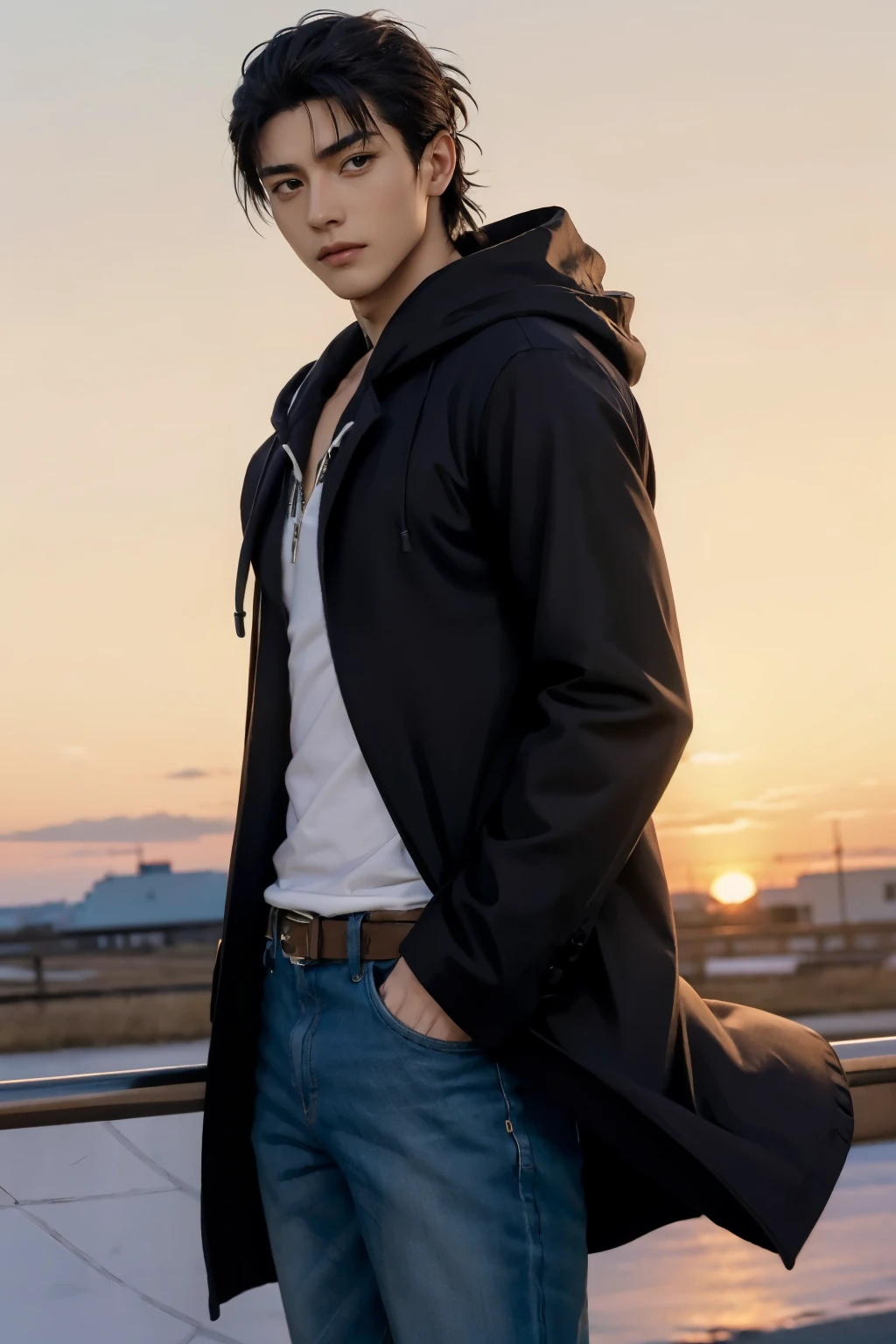 eren_jaeger, solo, muscular, sunset background, prairies, black hair, 1boy, male focus, pants, hood, coat, 