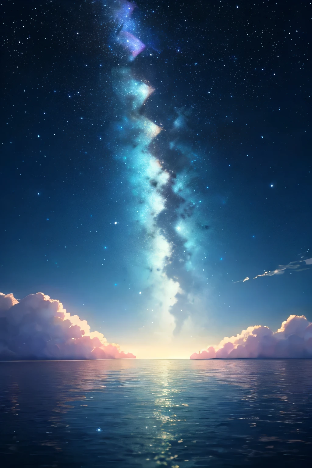 In the vast universe, There is a calm and quiet sea. Water sparkles under the stars, Reflecting the beauty of the universe around you. This breathtaking scene is rendered in high quality, Shows each detail accurately and clearly.. The sea surface sparkles with tiny flakes of light, While the stars twinkle in the background. The peaceful atmosphere is further emphasized by the absence of noise or disturbance.., Make it a true masterpiece for your eyes.