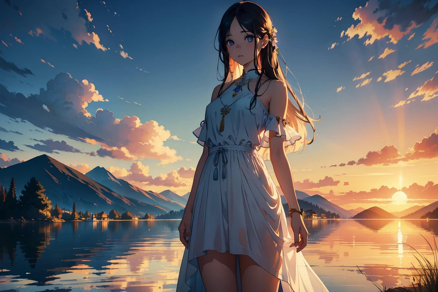 1 girl, serene expression, mesmerizing eyes, straight long hair, flowing dress, poised posture, porcelain skin, subtle blush, crystal pendant
BREAK
golden hour, (rim lighting):1.2, warm tones, sun flare, soft shadows, vibrant colors, painterly effect, dreamy atmosphere
BREAK
scenic lake, distant mountains, willow tree, calm water, reflection, sunlit clouds, peaceful ambiance, idyllic sunset, ultra detailed, official art, unity 8k wallpaper
, zentangle, mandala