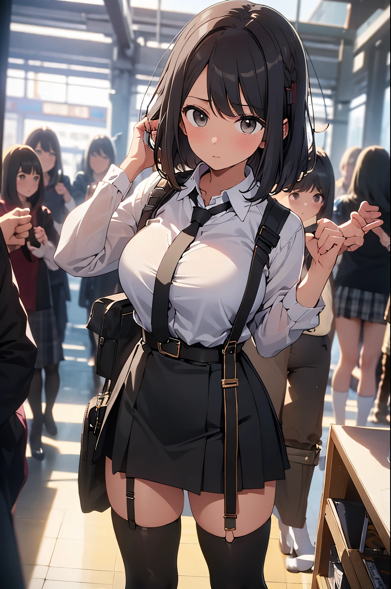 brown hair、looking at the viewer　　suspenders　　　Bulging big breasts　　 　 　　　　Black miniskirt　ガーターbelt　knee high socks　　　　　　Gaze　　　small face　bangs 　　　　　Beauty　　hands up　　 　Gaze 　black boots 　provocation　　　one person 　　　cutter shirt　　Panty shot　hands behind　put your hands behind your back　Hands behind your back　With your hands behind your back　armed　holster　handgun　belt