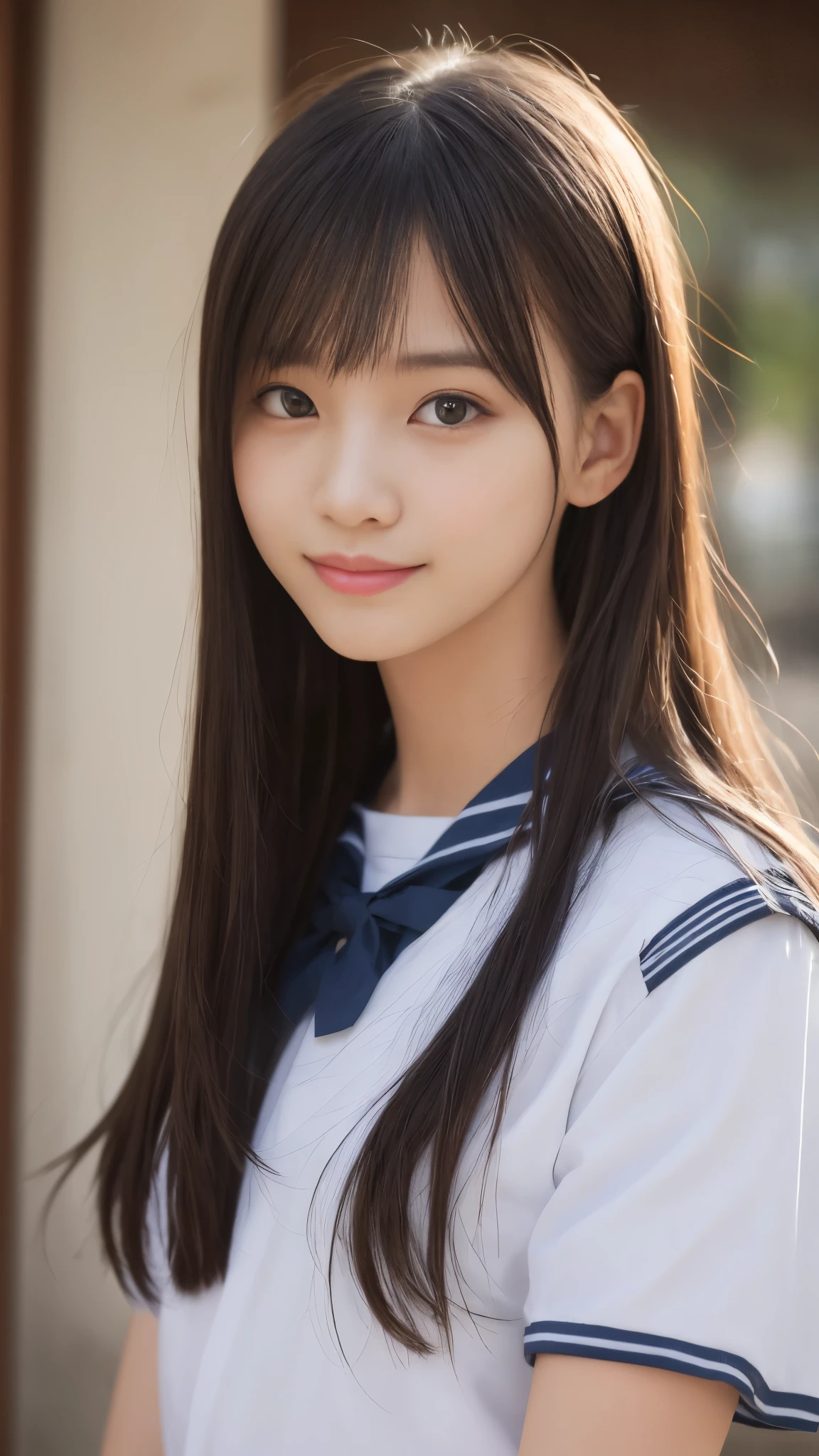table top, highest quality, 8K, 16 years old, Ten generations, RAW photo, absurd, award-winning portraits, smile, smile, alone, daytime, idol face, violaces, delicate girl, Upper body, Digital single-lens reflex camera, looking at the viewer, Frank, Sophisticated, zora々right, thin arms, professional lighting, film grain, chromatic aberration, (Eye and face details:1.0), (Bokeh:1.1), (hyper pretty face:1.2)、(beautiful face:1.2), beautiful woman、Japan High School Girl Traditional Uniform、(white short sleeve sailor uniform:1.2), black haired、short hair、