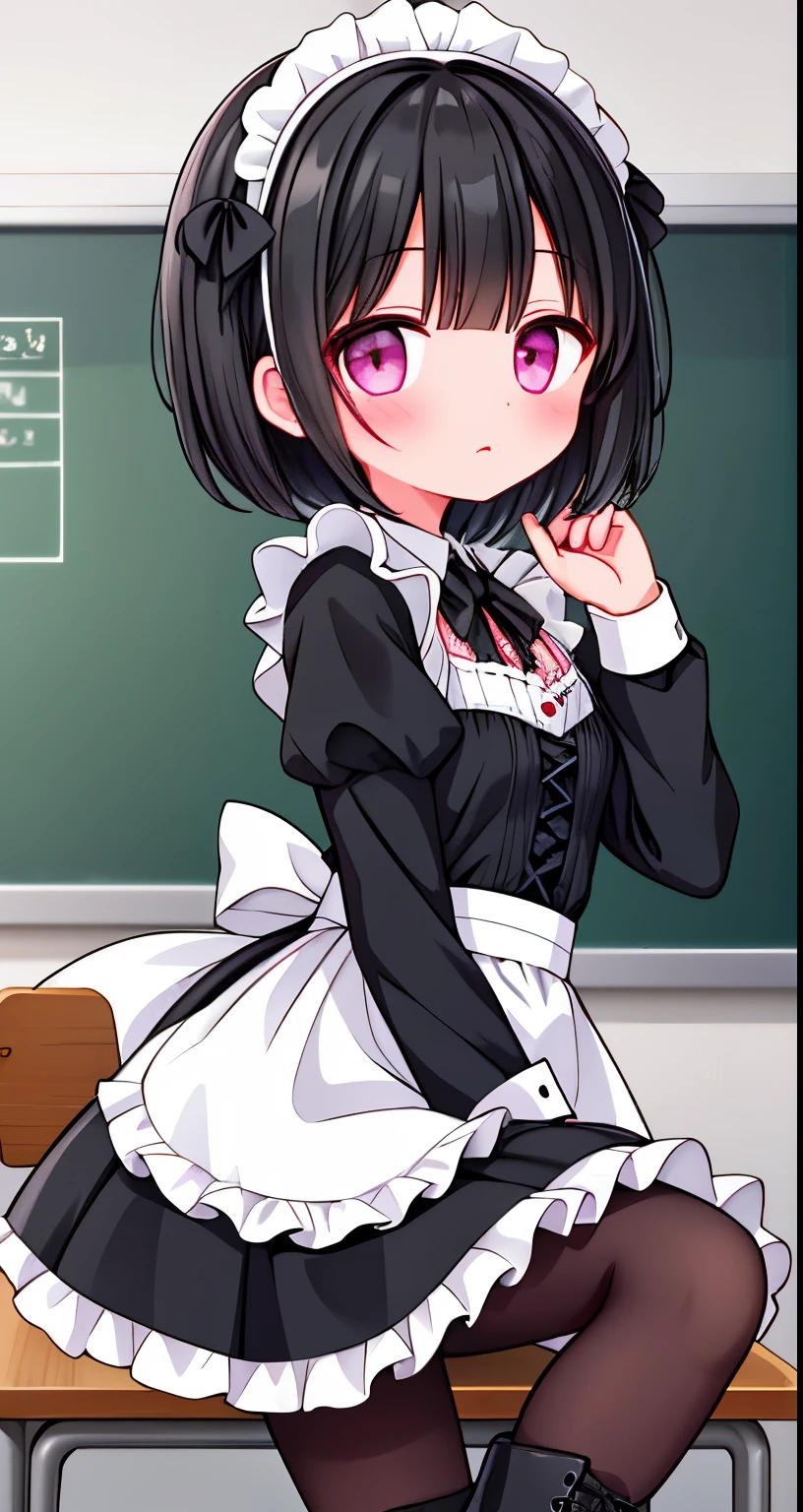 girl，short black hair，maid outfit，Black lace-up boots，white pantyhose，blush shy，classroom scene，demon