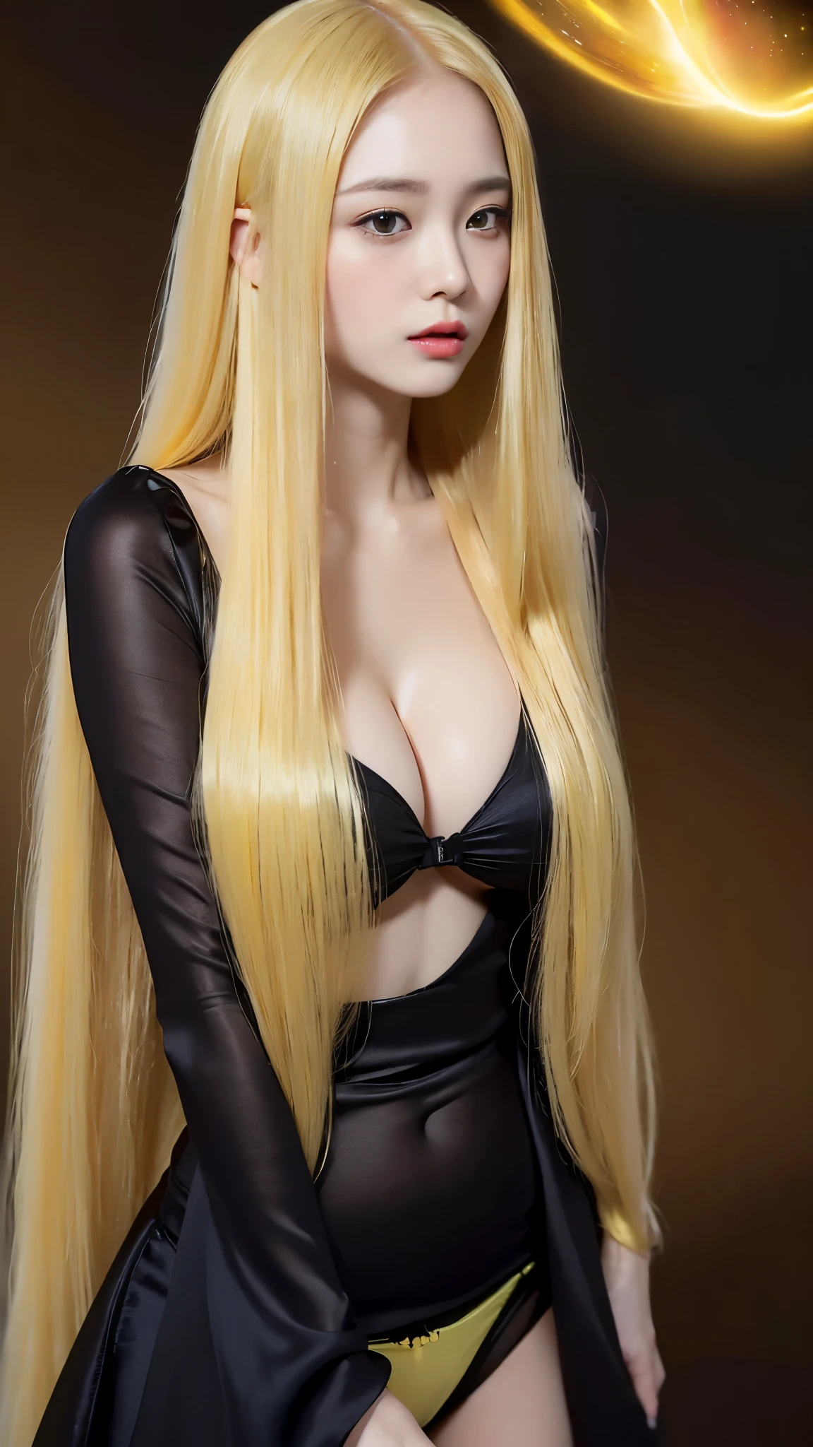 ((best quality, 8 thousand, masterpiece: 1.3)), (25 year old woman), ((very small face:1.3)), (glowing skin:1.6), (huge cleavage tits:1.4), Highly detailed face and skin texture, detailed eyes, double eyelid, (long yellow hair:1.4), (space background:1.3), (Silk long black dress:1.4), (beautiful tight panties:1.4), beautiful korean girl,