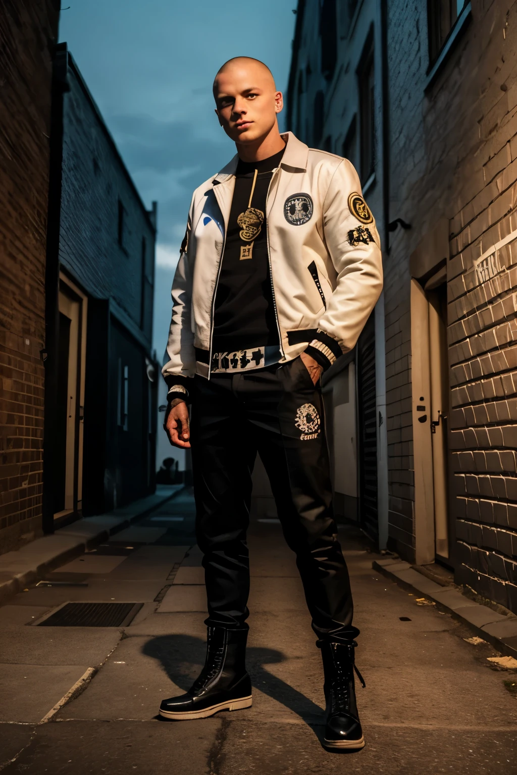 Hot german skinhead, in an alley, at night, shirtless, jacket with an eagle on it, with a swastika, skinhead boots, white laces