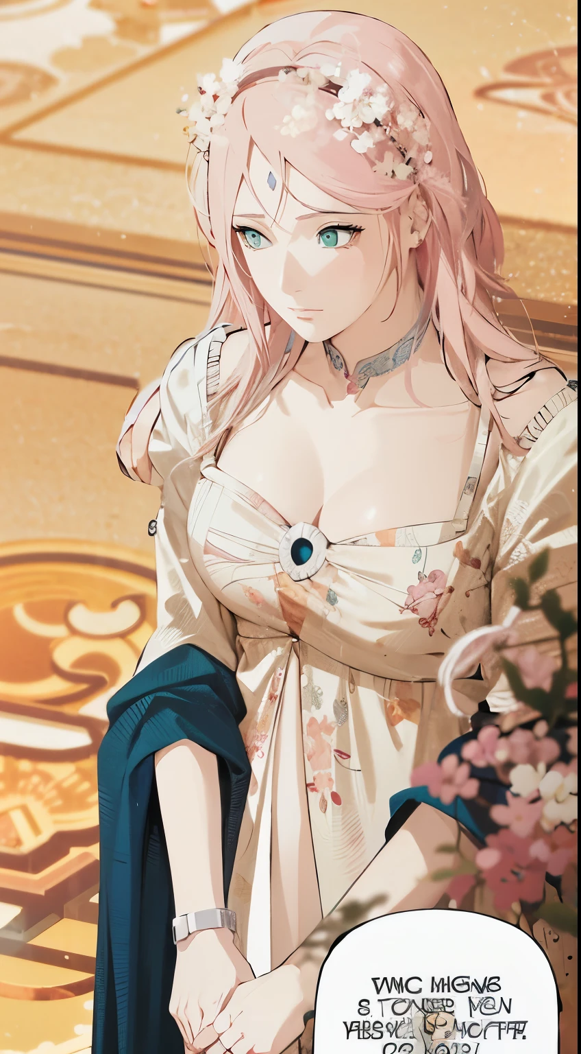 Change her face to Sakura Haruno from Naruto , change her hair color to pink , moree pink please and more details of her dress