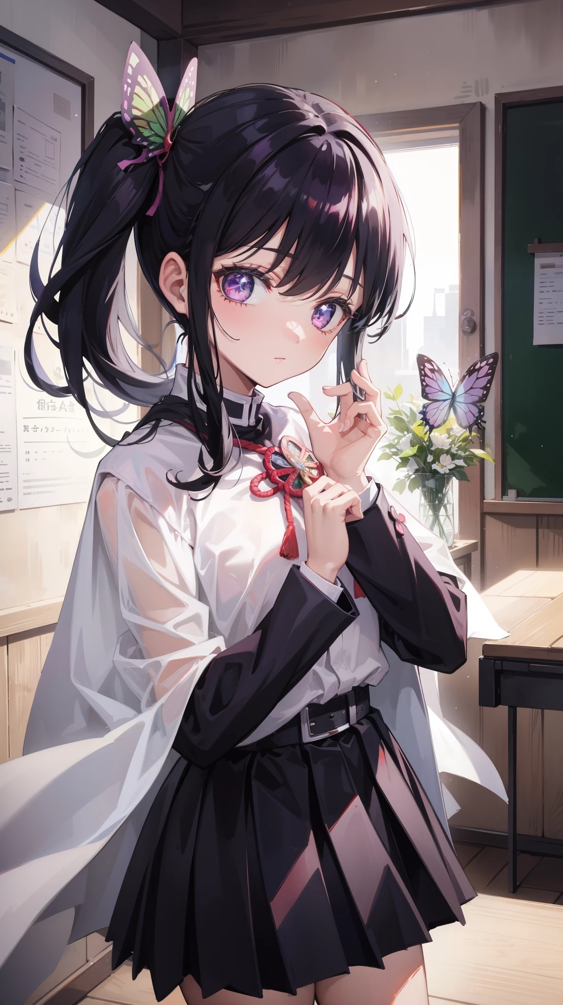 kanaotsuyuri, kanao tsuyuri, black hair, butterfly, butterfly hair ornament, (purple eyes:1.1), side ponytail, ponytail,
BREAK black skirt, cape, demon slayer uniform, long sleeves, pleated skirt, skirt, white cape,
BREAK looking at viewer,
BREAK indoors, classroom,
BREAK (masterpiece:1.2), best quality, high resolution, unity 8k wallpaper, (illustration:0.8), (beautiful detailed eyes:1.6), extremely detailed face, perfect lighting, extremely detailed CG, (perfect hands, perfect anatomy),