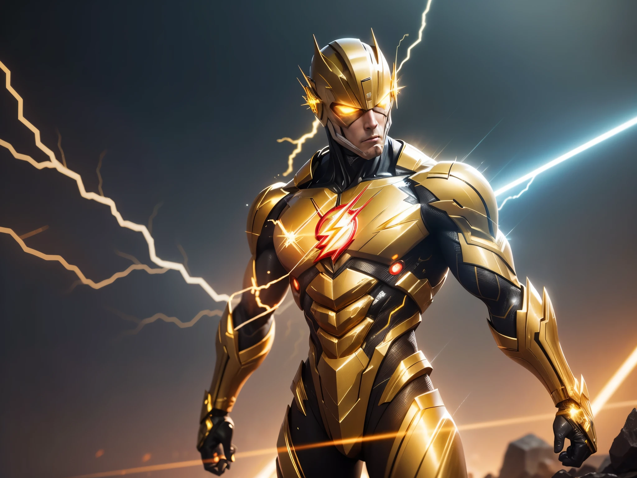  Ultrarealistic metal made from titanium alloy, gold and crystals all over the build of the flash cyborg character, epic style, red,green and yellow laser light, He was shooting with a lightning,high quality, powerful, Hyperrealism, very detailed, light cgi background, cinematic lighting, very detailed, photography, 3d, octane, high graphics,photo 8k