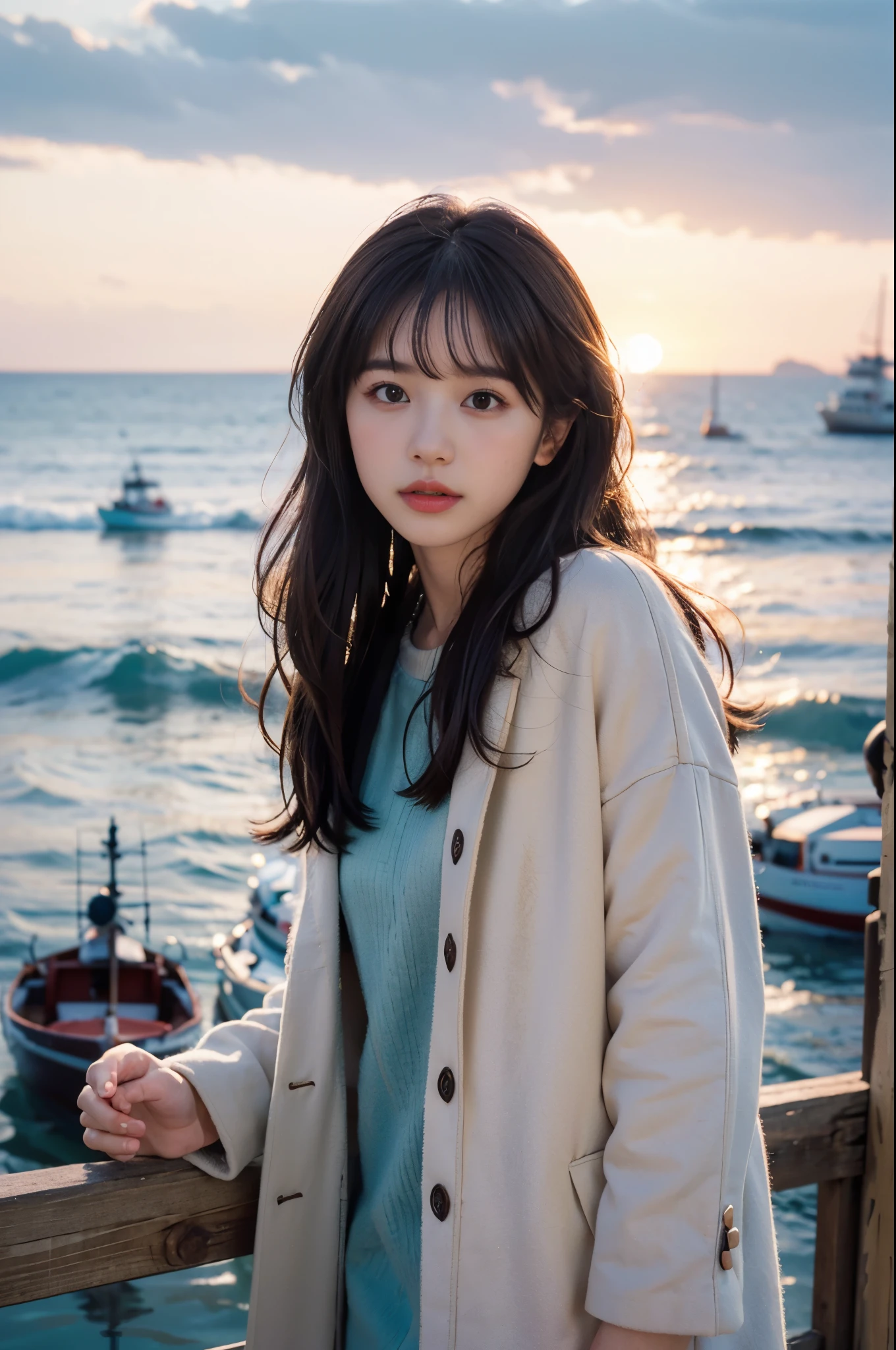  (8K, RAW photo, highest quality, masterpiece:1.3), (realistic, photo-realistic:1.4), (Highly detailed 8K wallpaper), sharp focus, Depth of written boundary,
 japanese idol,very cute, ,(coat:1.3),(long hair :1.3), Upper body, highly detailed face and eyes,((shiny skin:1.2)), cinematic lighting, soft light, blur background,( A serene morning seascape with the sunrise reflecting off the water, creating a sparkling effect. In the distance, small fishing boats can be seen, while closer to the shore, seashells are scattered across the sand. The sky is painted in soft shades of pink and orange, with a few clouds drifting by :1.2)