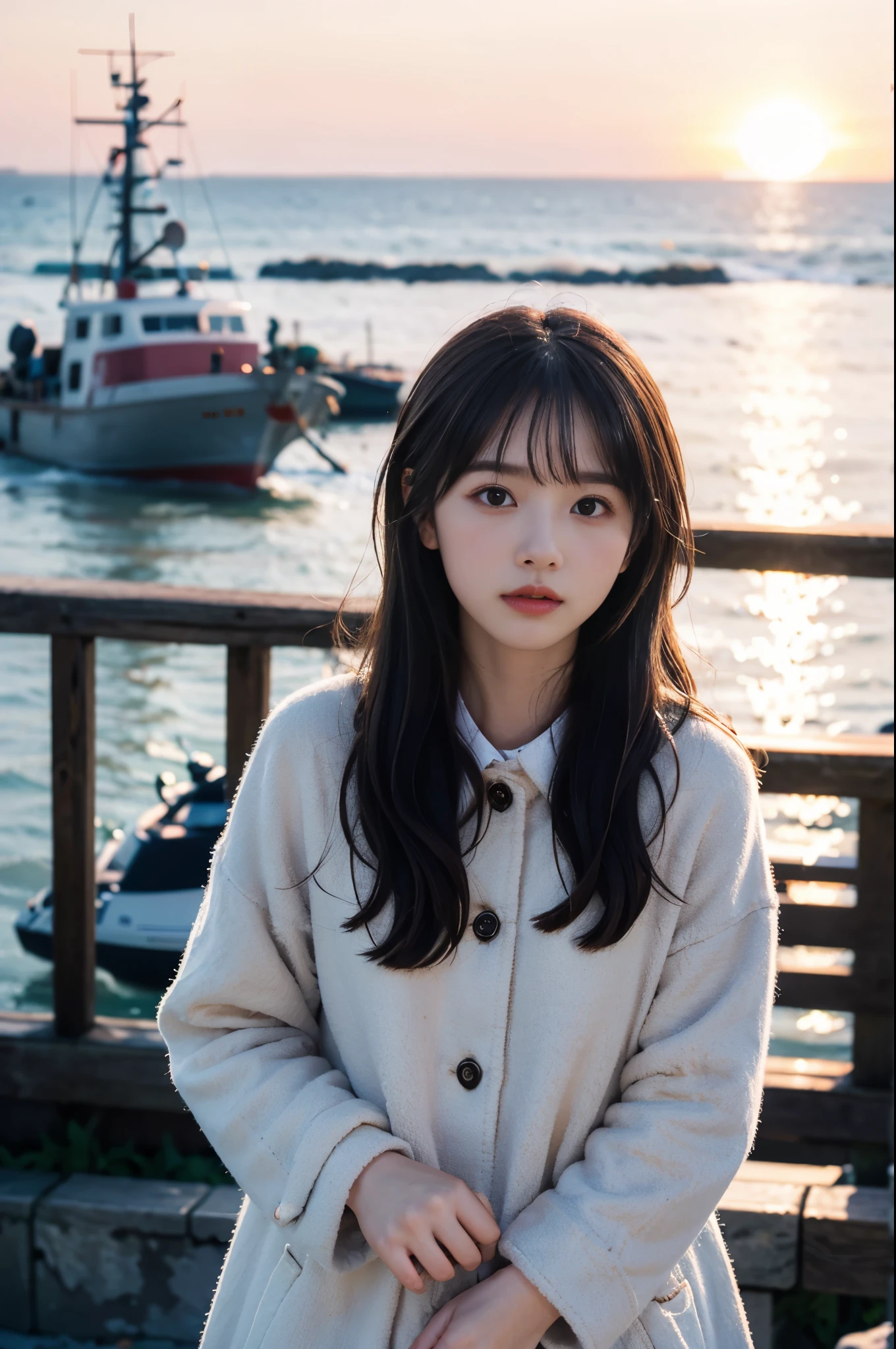  (8K, RAW photo, highest quality, masterpiece:1.3), (realistic, photo-realistic:1.4), (Highly detailed 8K wallpaper), sharp focus, Depth of written boundary,
 japanese idol,very cute, ,(coat:1.3),(long hair :1.3), Upper body, highly detailed face and eyes,((shiny skin:1.2)), cinematic lighting, soft light, blur background,( A serene morning seascape with the sunrise reflecting off the water, creating a sparkling effect. In the distance, small fishing boats can be seen, while closer to the shore, seashells are scattered across the sand. The sky is painted in soft shades of pink and orange, with a few clouds drifting by :1.2)