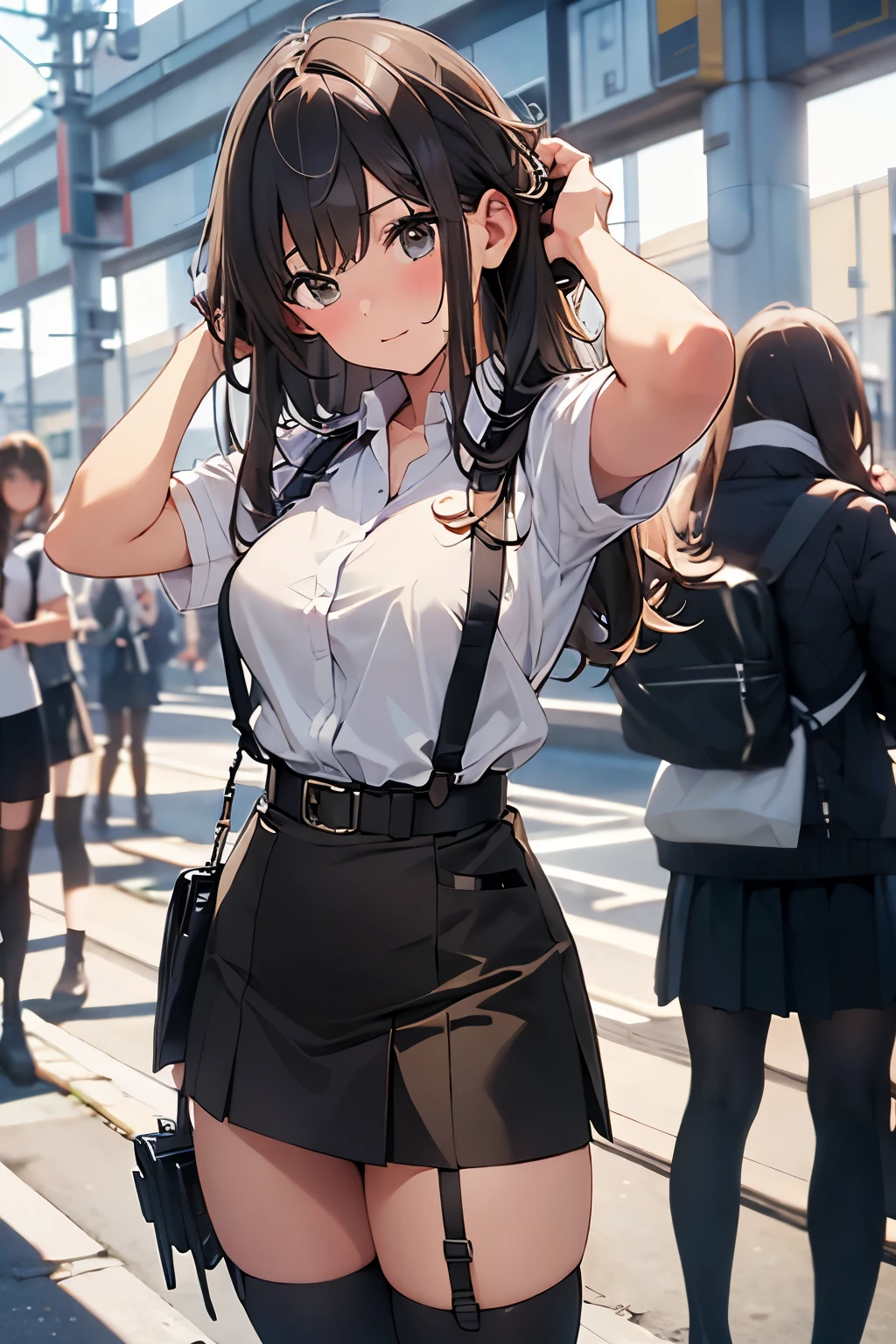 brown hair、looking at the viewer　　suspenders　　　Bulging big breasts　　 　 　　　　Black miniskirt　ガーターbelt　knee high socks　　　　　　Gaze　　　small face　bangs 　　　　　Beauty　　hands up　　 　Gaze 　black boots 　provocation　　　one person 　　　cutter shirt　　Panty shot　hands behind　put your hands behind your back　Hands behind your back　With your hands behind your back　armed　holster　handgun　belt