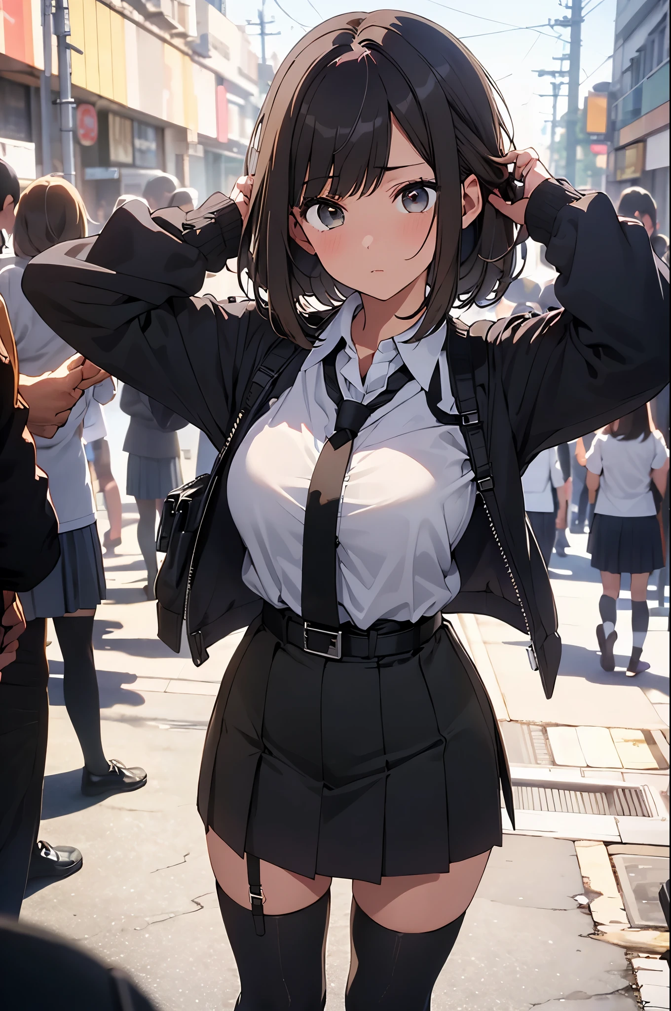 brown hair、looking at the viewer　　suspenders　　　Bulging big breasts　　 　 　　　　Black miniskirt　ガーターbelt　knee high socks　　　　　　Gaze　　　small face　bangs 　　　　　Beauty　　hands up　　 　Gaze 　black boots 　provocation　　　one person 　　　cutter shirt　　Panty shot　hands behind　put your hands behind your back　Hands behind your back　With your hands behind your back　armed　holster　handgun　belt