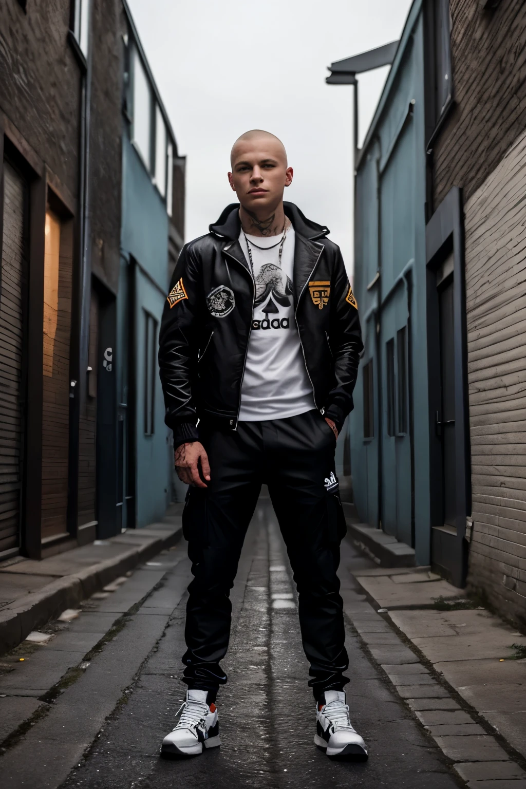 Hot german skinhead, in an alley, at night, shirtless, jacket with an eagle on it, with a swastika, skinhead boots, white laces, adidas