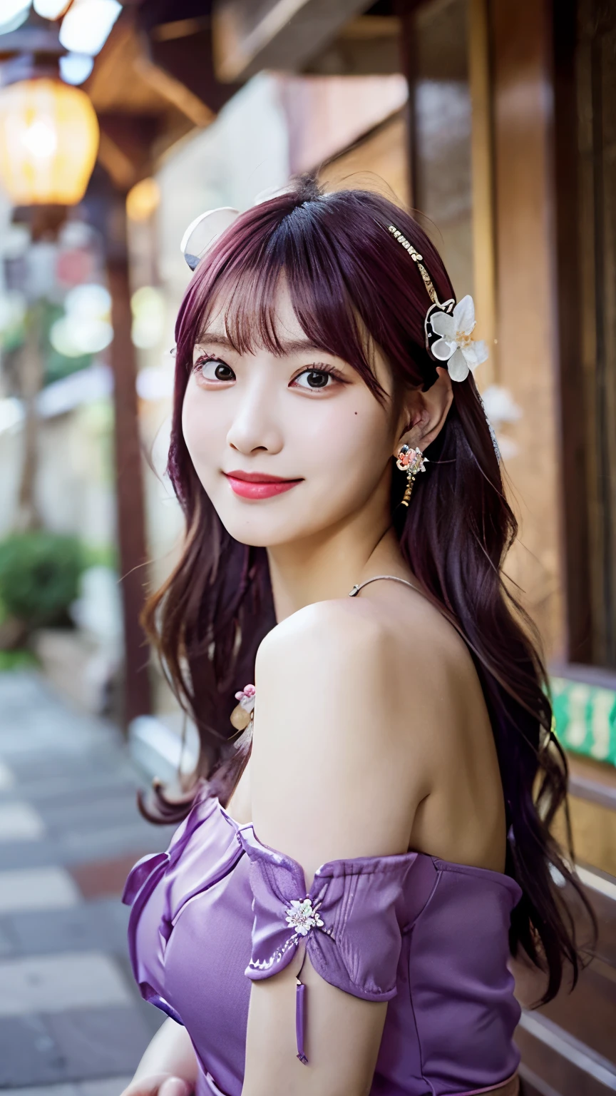 1 girl, (Ulzzang-6500:0.7), K-POP idol, yae miko, removed sleeve, bare shoulders, pink hair, long hair,  highest quality, attractive clothes, (hair ornaments:1.35), jewelry, purple eyes, earrings, big breasts:1.1, ,  cherry blossoms,  lantern light, Depth of bounds written, detailed face, face dress chest focus, ribbon_trim, (looking at the viewer:1.25), , shiny skin,, smile, thick lips, , put your hand on your lips, east asian architecture, (blurred background:1.2), sitting, Upper body,