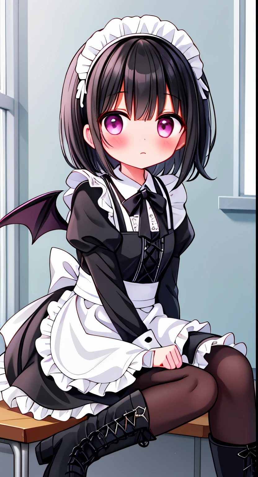 girl，short black hair，maid outfit，Black lace-up boots，white pantyhose，blush shy，classroom scene，demon