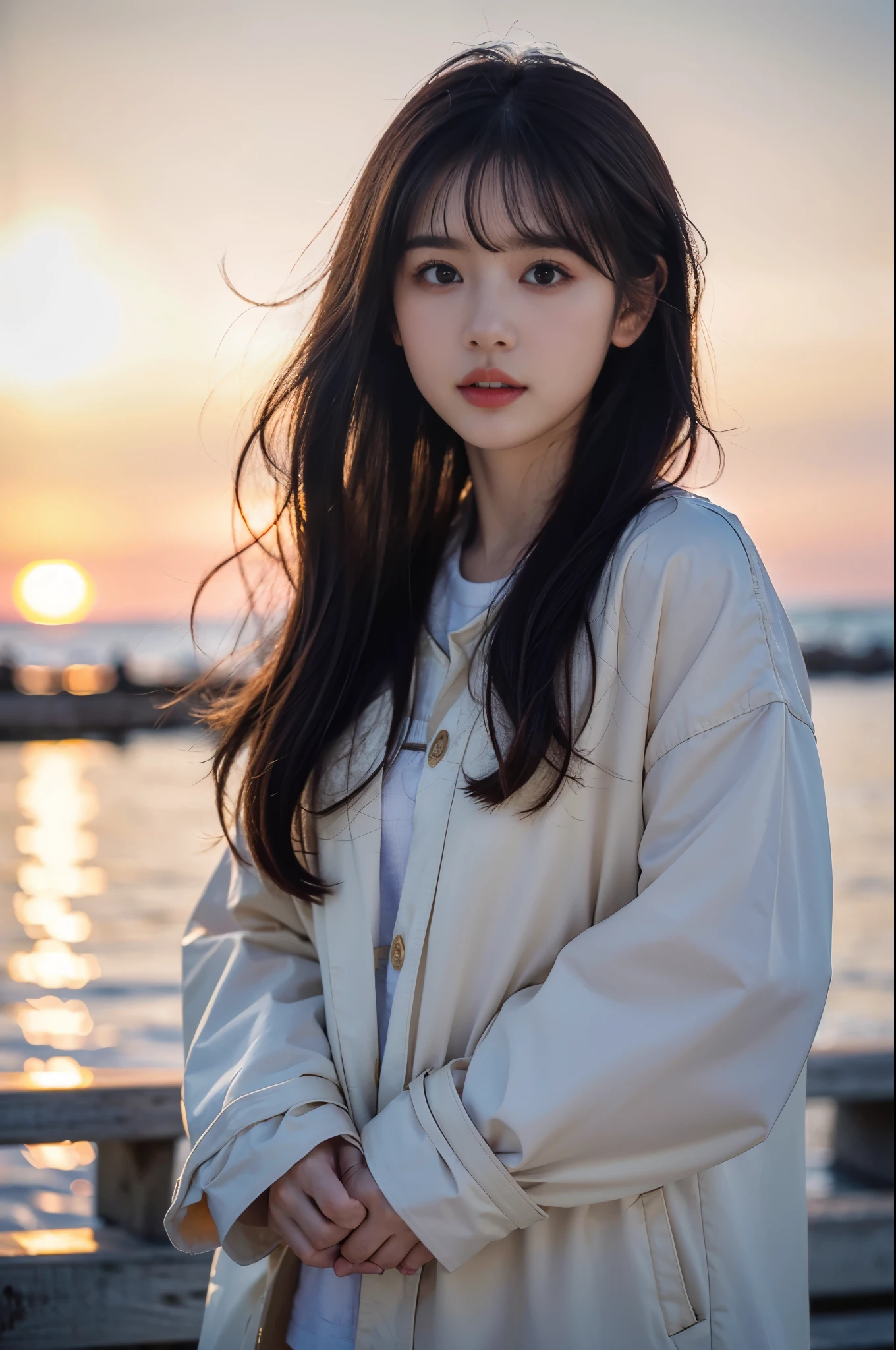  (8K, RAW photo, highest quality, masterpiece:1.3), (realistic, photo-realistic:1.4), (Highly detailed 8K wallpaper), sharp focus, Depth of written boundary,
 japanese idol,very cute, baby face,(coat:1.3),(long hair :1.3), Upper body, highly detailed face and eyes,((shiny skin:1.2)), cinematic lighting, soft light, blur background,( A serene morning seascape with the sunrise reflecting off the water, creating a sparkling effect. In the distance, small fishing boats can be seen, while closer to the shore, seashells are scattered across the sand. The sky is painted in soft shades of pink and orange, with a few clouds drifting by :1.2)