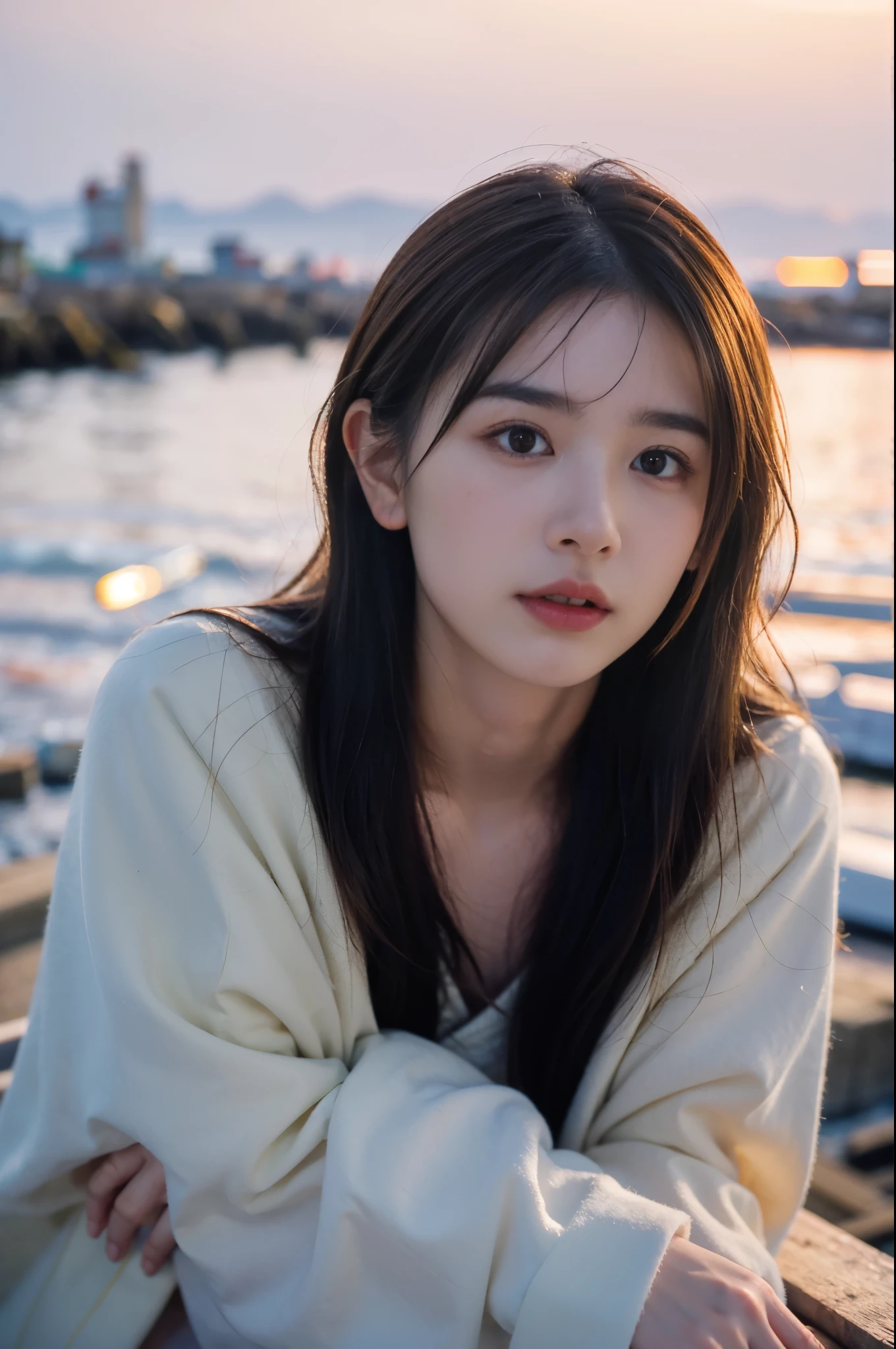  (8K, RAW photo, highest quality, masterpiece:1.3), (realistic, photo-realistic:1.4), (Highly detailed 8K wallpaper), sharp focus, Depth of written boundary,
 japanese idol,very cute, baby face,(coat:1.3),(long hair :1.3), Upper body, highly detailed face and eyes,((shiny skin:1.2)), cinematic lighting, soft light, blur background,( A serene morning seascape with the sunrise reflecting off the water, creating a sparkling effect. In the distance, small fishing boats can be seen, while closer to the shore, seashells are scattered across the sand. The sky is painted in soft shades of pink and orange, with a few clouds drifting by :1.2)