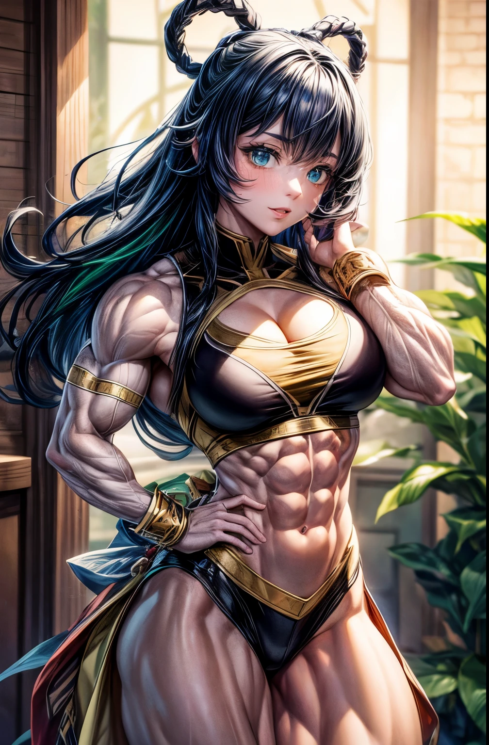 (best lighting) , (Extremely complex and detailed) , 4K unified, (Super detailed CG: 1.2) , (8k: 1.2),(original), (masterpiece) , (best quality),(masterpiece:1.4),Anime-like high quality,(masterpiece),masterpiece, Super clear picture quality,clearer than,(delicate face)best quality, absurd,((Master of Peace, 4K, 8k, Yes, high resolution))1个girl, female student,chuck,green hair,lilac eyes,Long blue and black hair,她in the garden里,Ten strong abdominal muscles,stand up,Crop topping,dense, There are raised veins on the arms,Excessive muscles,The visual sense of muscle explosion,muscles feel like they'About to explode,The biceps are as big as several steamed buns,spring, in the garden,Lush plants,boots, Perfect body, silver long hair, dynamic poses,legs exposed,Strong leg muscles ((bodybuilder:1.5)),spring garden(beautiful bass),(girl),(miss),(((Upper body:1)))Fashionable midriff-baring outfit