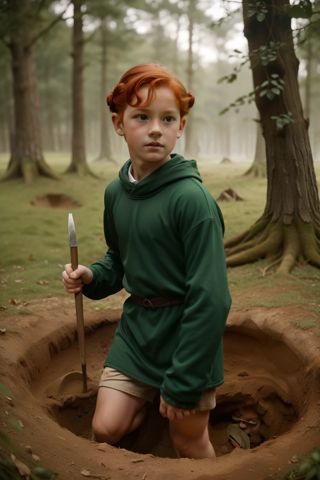 England, 1327. A little ((((-yeld)) thin Fitzgerald)), handsome, athletic, in the forest, digging a hole, ((scared panic expression)). ((((clothings from the 1300s)))), ((redhead hairstyle of the 1300s))