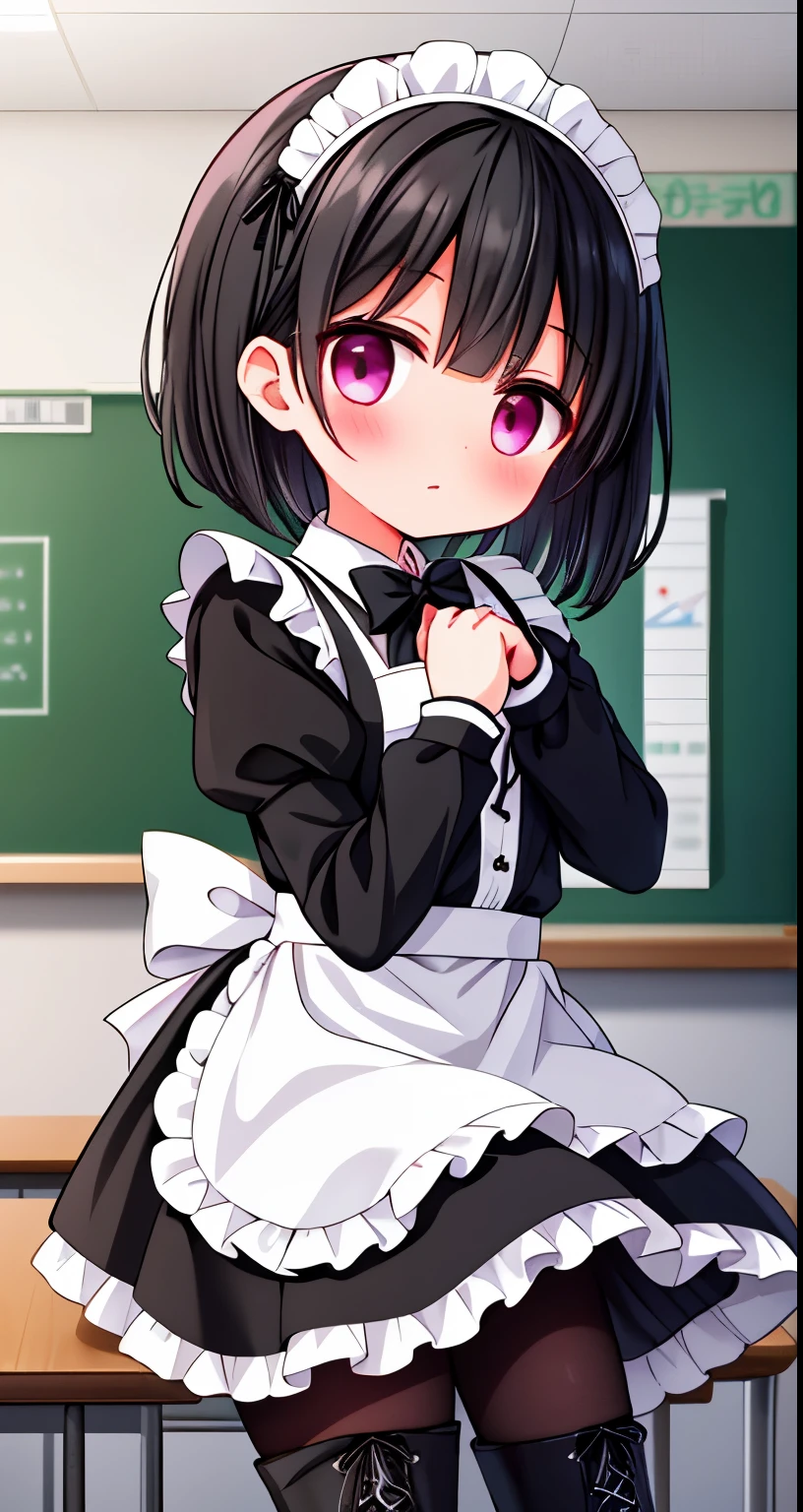 girl，short black hair，maid outfit，Black lace-up boots，white pantyhose，blush shy，classroom scene，demon