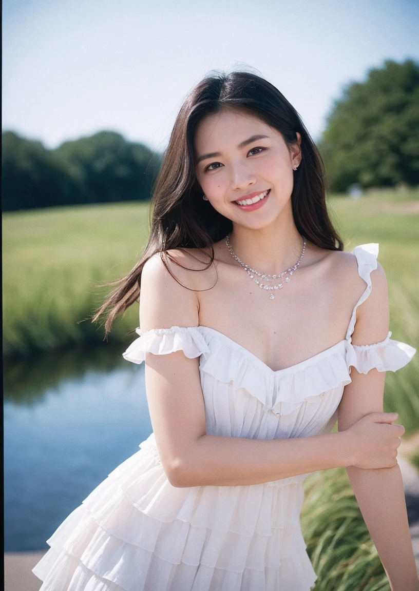 Raw photo, (polaroid photo, Photos that appear to have been taken with a Polaroid camera:1.1),photo of 1girl, (((sexy pose))),(wearing dress, shy smile, sky , white dress, smiling, Day, no sleeves,:1.3),standing kubrick stare, dripping sweat, small breasts same, shining sunlight, Dayライト, (CMYK Hair,  Layered hair:1.36), front view, Shiny skin (Jewelry Stores :1.4), summer,natural skin texture, hyper realism, ticker, hyper details, Raw photo, It&#39;s photorealistic, best quality, High resolution, Reality, 8K, caustics, dynamic light, beautiful and delicate lips, delicate fingers, Detailed pupil, real human skin,