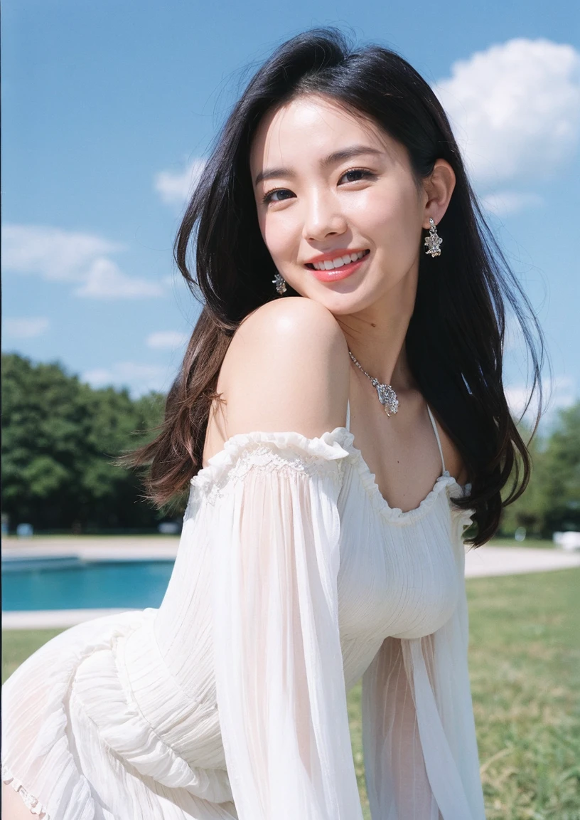 Raw photo, (polaroid photo, Photos that appear to have been taken with a Polaroid camera:1.1),photo of 1girl, (((sexy pose))),(wearing dress, shy smile, sky porn, white dress, smiling, Day, no sleeves,:1.3),standing kubrick stare, dripping sweat, small breasts same, shining sunlight, Dayライト, (CMYK Hair, Layered hair:1.36), front view, Shiny skin (Jewelry Stores :1.4), summer,natural skin texture, hyper realism, ticker, hyper details, Raw photo, It's photorealistic, best quality, High resolution, Reality, 8K, caustics, dynamic light, beautiful and delicate lips, delicate fingers, Detailed pupil, real human skin,