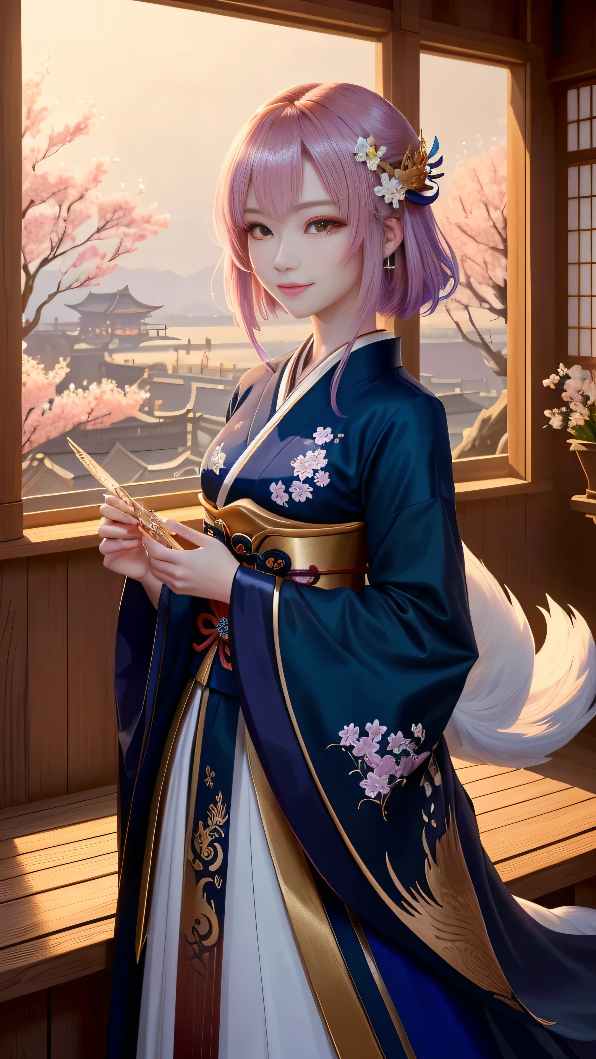 masterpiece , highest quality,close up of face,smile,colorful hair,Sharp contrast,whole body,Only one person,precision quality,beautiful short hair, masterpiece, japanese architectureの背景,beautiful details, colorful, delicate details, delicate lips, intricate details, genuine, ultrargenuineista, 枝に座っている色とりどりの髪のFoxを持つ女の子:mature, bright eyes, ,色とりどりのFox, Raposa the Nine Tails, 三尾Fox, 三尾Fox, Onmyoji detailed art, beautiful fine art illustration, mythical creatures, Fox, beautiful digital art,shrine maiden,japanese architecture,Holding hands,exquisite digital illustration, mizutsune, Inspired by mythical wild nest creatures, pixiv in digital art, dazzling light, high contrast, Mysterious,