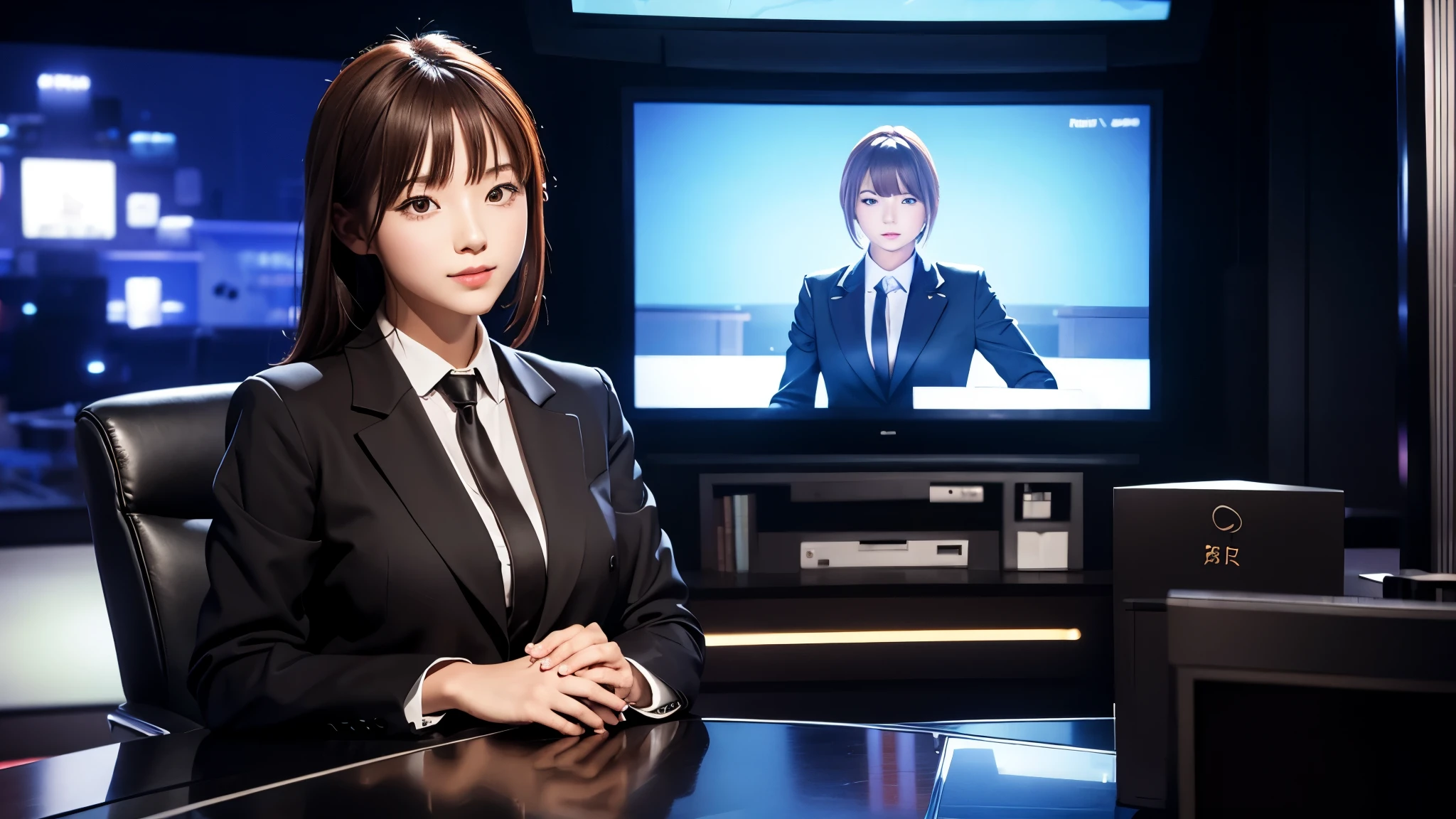 girl sitting on chair on tv station, good looking, in elegant suit