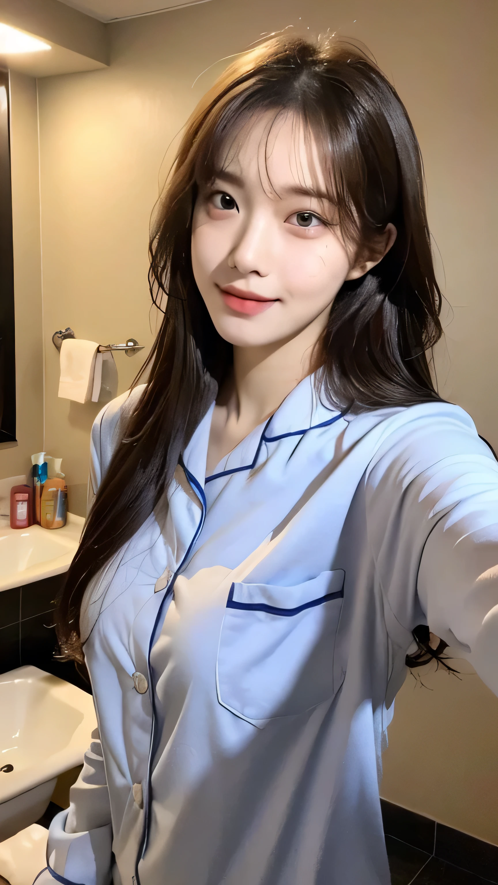 （1 Korean star with royal sister style）,((highest quality, 8K, masterpiece:1.3)), concentrated:1.2, beautiful woman with perfect figure:1.4 , (funny expression),Highly detailed face and skin texture, fine eyes, double eyelid，whiten skin，(air bangs:1.3),(round face:1.5),After taking a shower、Coming out of the bathroom Selfie home Natural and realistic pajamas No flesh leaking Bathroom background