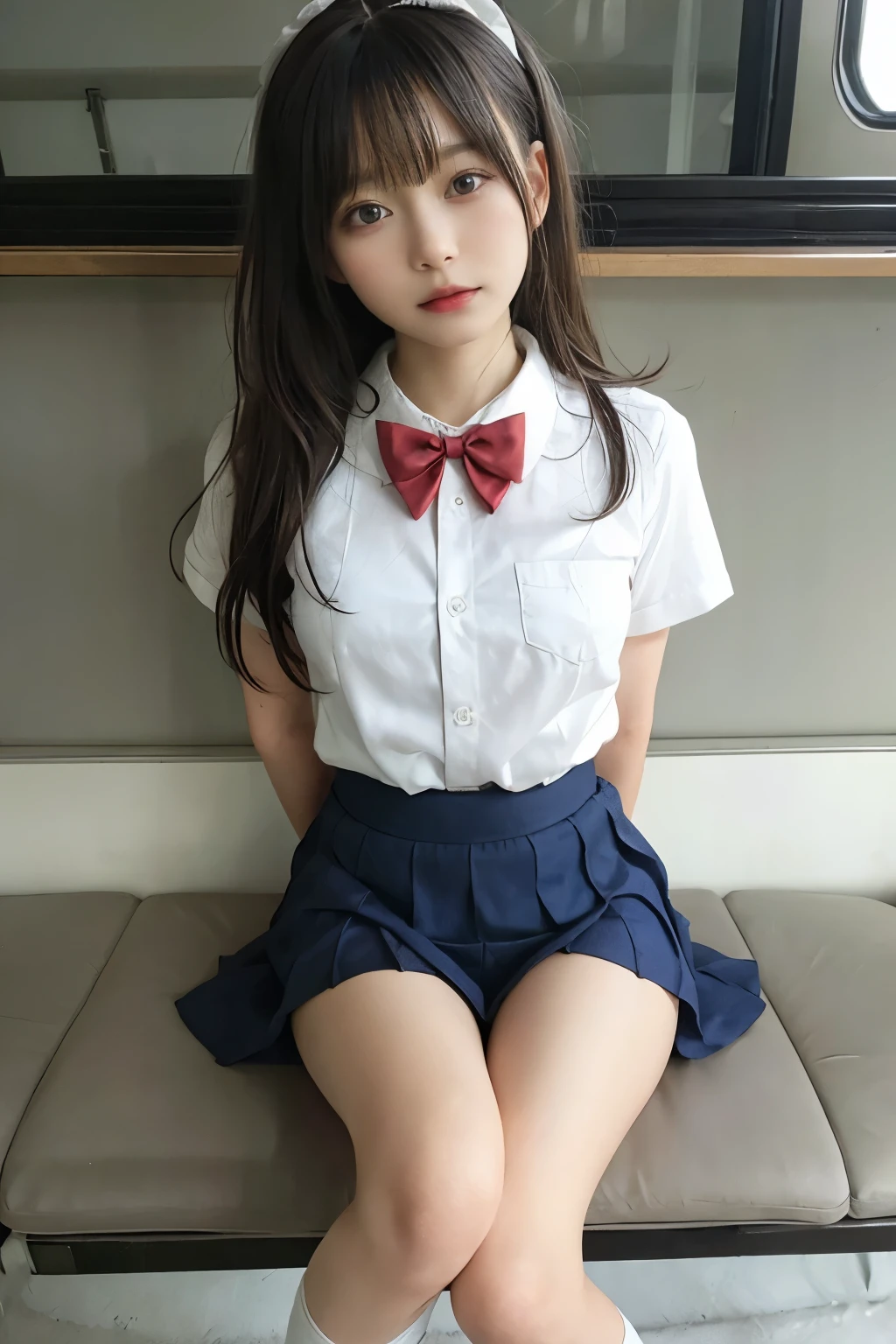 wearing short skirt、Alafid asian woman wearing bow tie sitting on train, cute schoolgirl, japanese schoolgirl, wearing japanese school uniform, japanese school uniform, a hyperactual schoolgirl, Dress up as a schoolgirl, hyperactual schoolgirl, Wearing school uniform, actual , girl wearing, Wearing school uniform, one poses, whole body, Good skin, glowing skin, beautiful thighs,glowing thighs, Glowing legs, (())