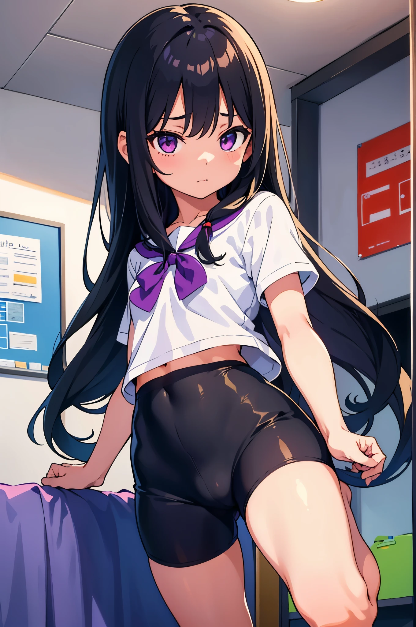-year-old flat chest blacir lohair eyes are purple((1 person)) Upper body plain white T-shirt Lower body black tight leggings that reach halfway above the knee barefoot girl's room 立っているbarefoot中心のアングル dynamic angle Low - Angle