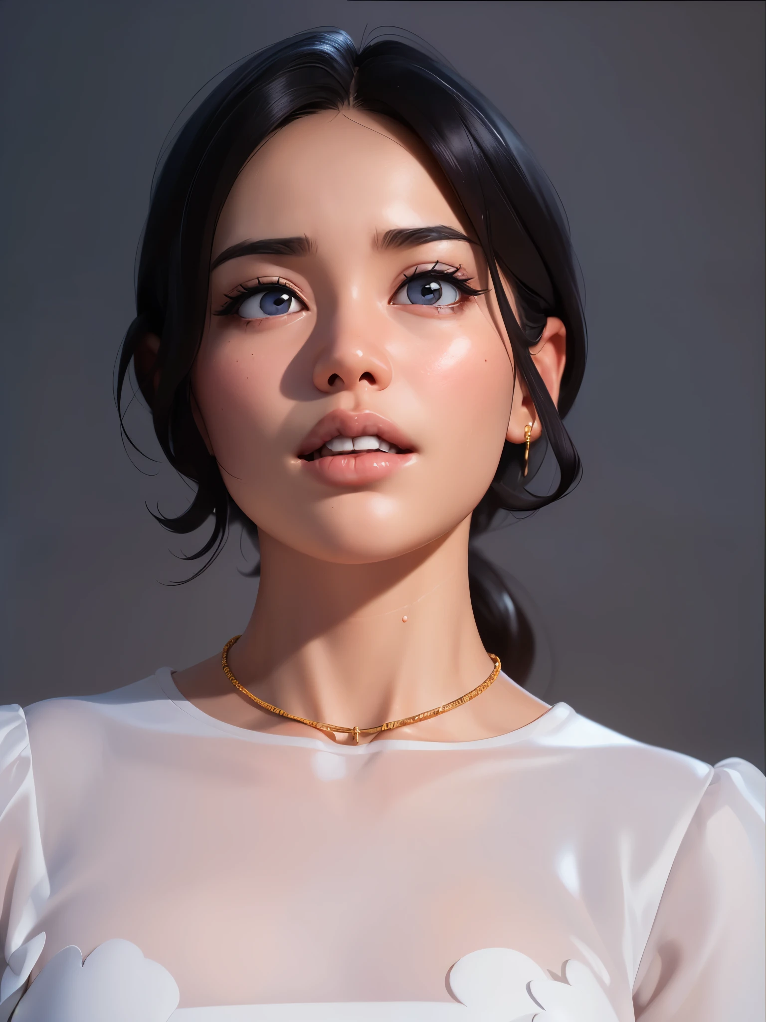 a close up of a woman wearing a white top and a gold necklace, katherine lam, gemma chen, nivanh chanthara, mai anh tran, song hye - kyo, a young asian woman, jamie chung, female actress from korea, natasha tan maciej kuciara, kiko mizuhara, inspired by Ruth Jên, lulu chen, (highly detailed face:1.4) (smile:0.7) (background inside dark, moody, private study:1.3) POV, by lee jeffries, nikon d850, film stock photograph ,4 kodak portra 400 ,camera f1.6 lens ,rich colors ,hyper realistic ,lifelike texture, dramatic lighting , cinestill 800