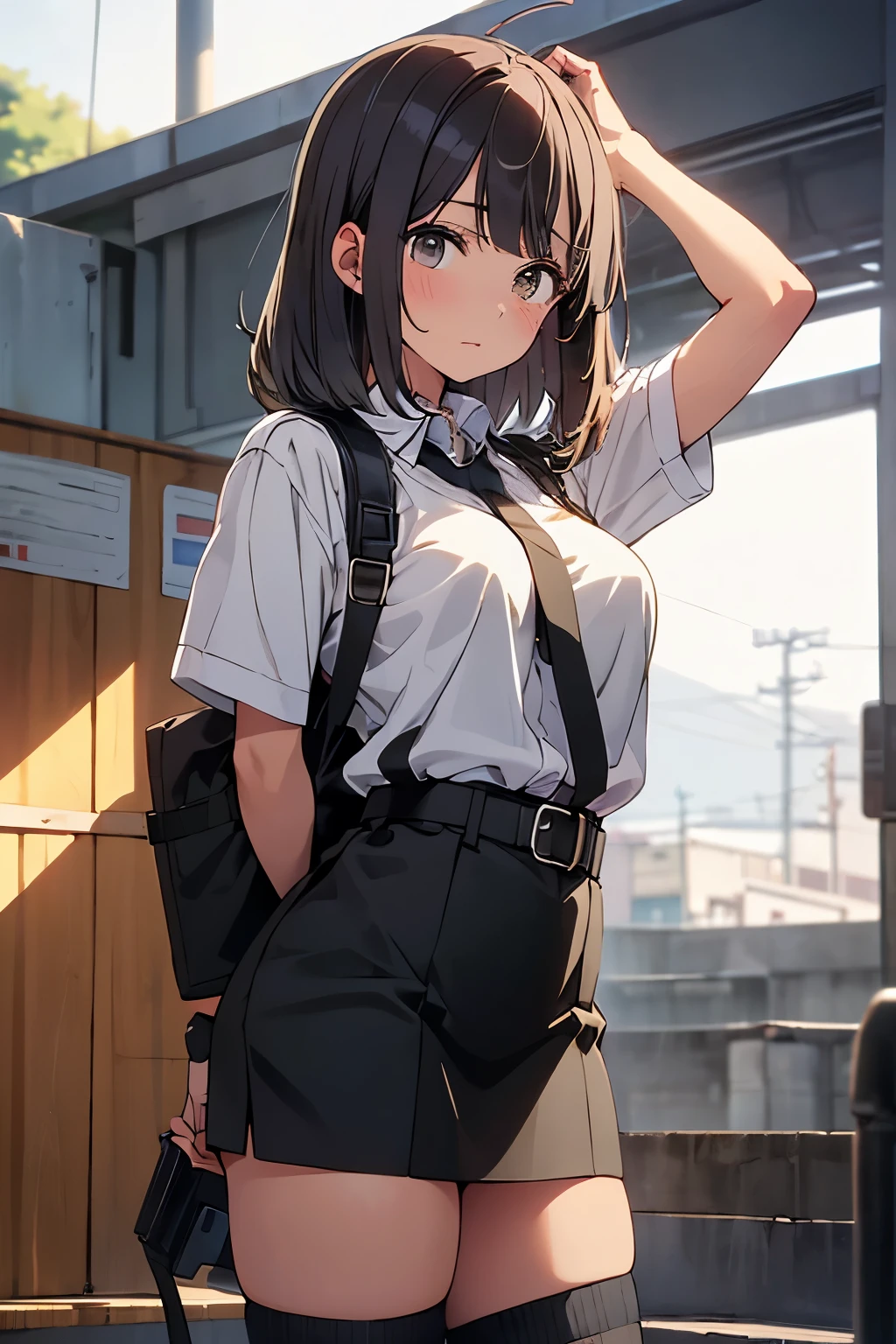 brown hair、looking at the viewer　　suspenders　　　Bulging big breasts　　 　 　　　　Black miniskirt　ガーターbelt　knee high socks　　　　　　Gaze　　　small face　bangs 　　　　　Beauty　　hands up　　 　Gaze 　black boots 　provocation　　　one person 　　　cutter shirt　　Panty shot　hands behind　put your hands behind your back　Hands behind your back　With your hands behind your back　armed　holster　handgun　belt