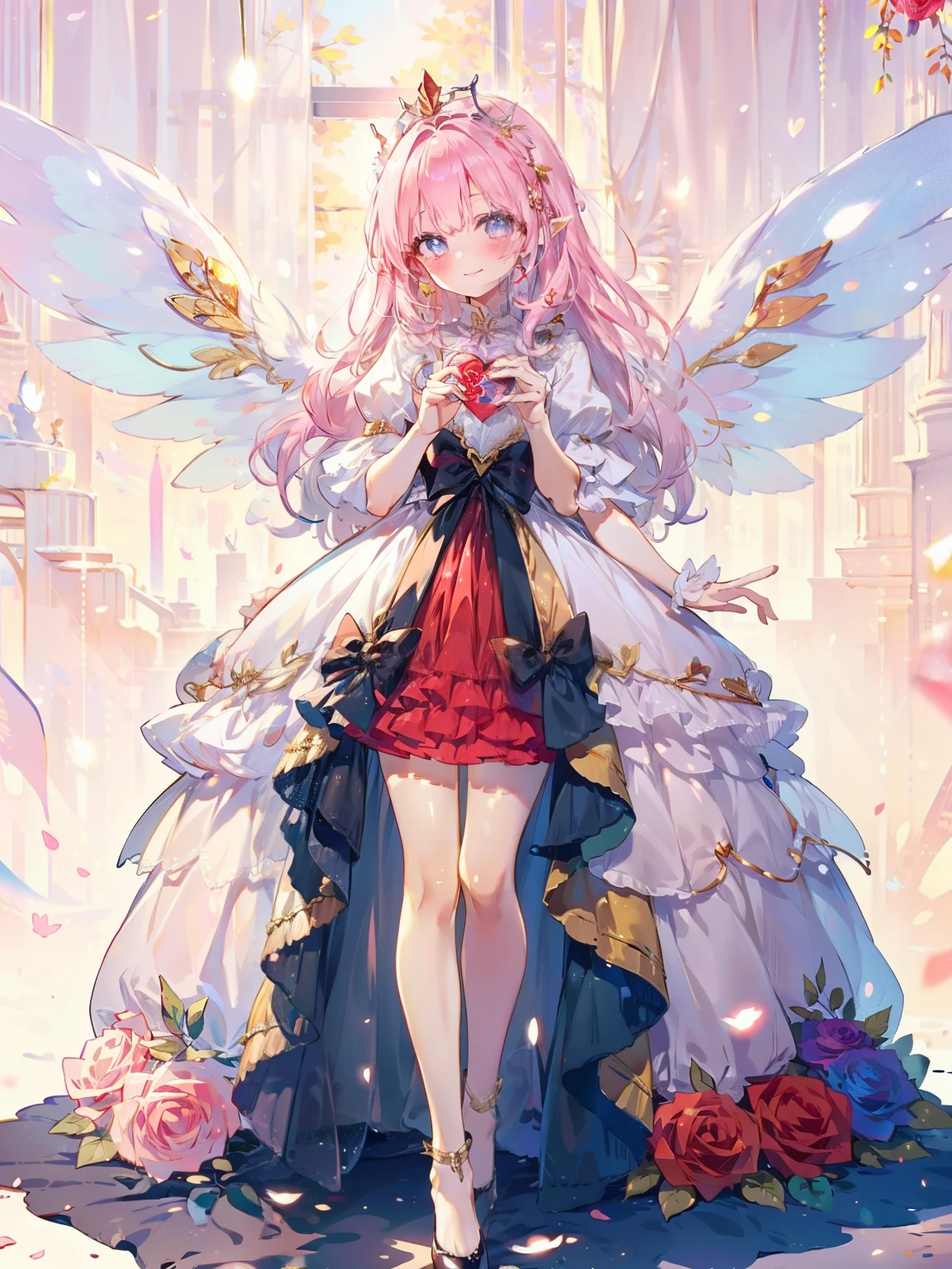 valentine&#39;s day,blushing and shy,white background,((A field of roses)),((standing holding a heart)),soft expression,(smile with your mouth slightly open),((light smile,Happy:1.5)),((long red dress that covers the legs)),((Sparkling red fluffy layered ball gown)),A large and beautiful dress inspired by rose flowers, lots of flowers、gold decoration,Black ruffles、Intricate billowy ball gown with rhinestones,The heart is floating, (turn around)，Smile tastefully、,((giant white fairy wings))、gradient hair, golden hair, hair in the wind, wavy hair,fluffy hair,tiara,Lavender colored eyes, long eyelashes, beautiful eyes、light pink blush,pointy ears, bright pupils, long and thin legs, golden hour, shining light, warm lighting,only one face