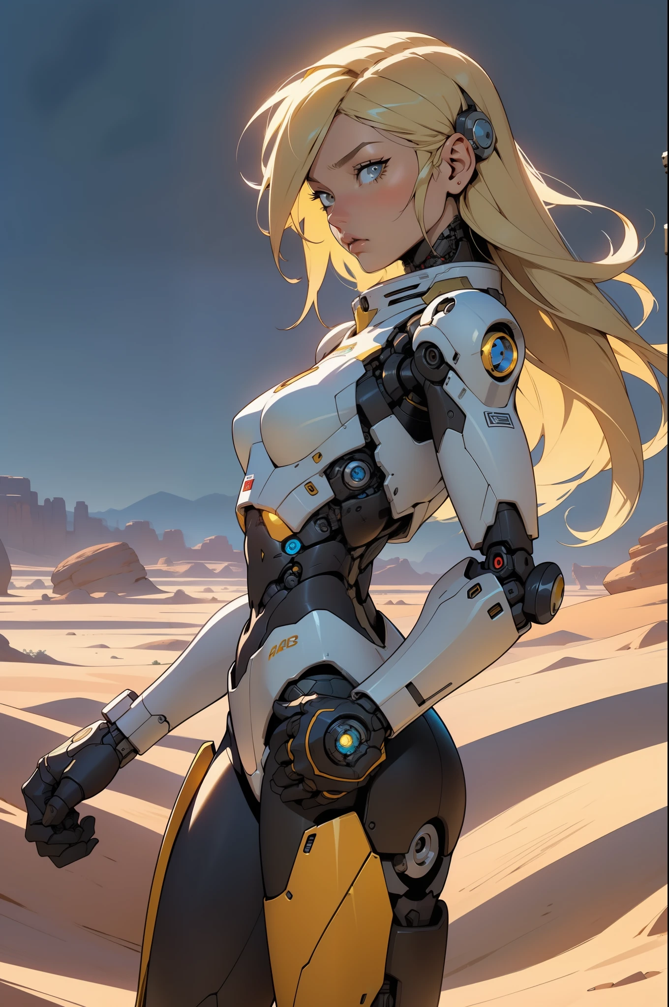 high quality, 4k, masterpiece, beautiful, cyborg girl, cowboy shot, dull eyes, back side, turning around to look at viewer, long blonde hair, girl, small breasts, fit thigh, robotic arms, robotic body, cyborg body, yellow accent, red accent, intricate detail, joint, detailed lines, robotic detail, holding fist up, holding hand up as fist, color robotic parts, robotic parts with color, perfect fingers, on a desert planet, sunny background, colorful desert, a river or a lake in the background