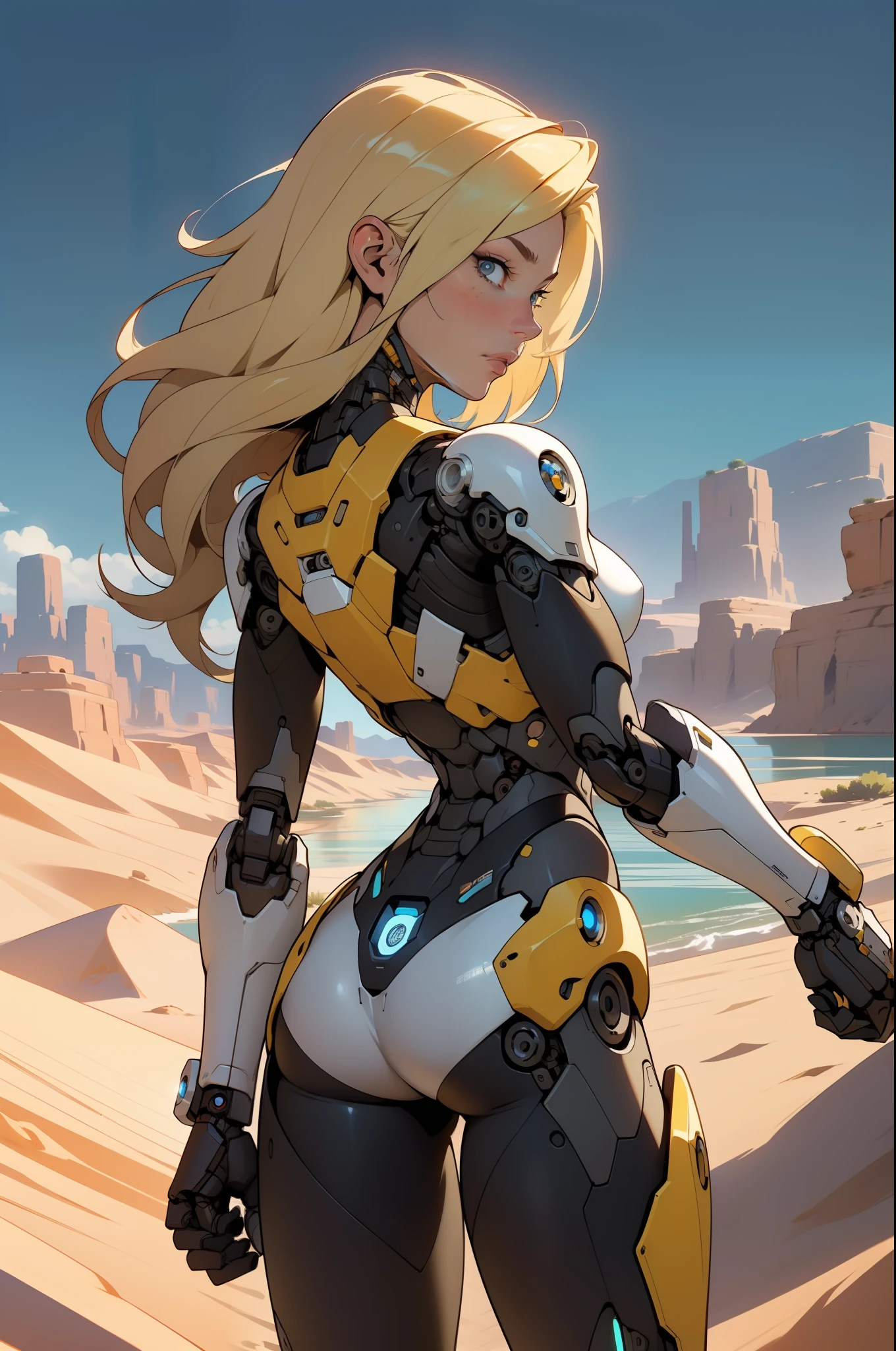 high quality, 4k, masterpiece, beautiful, cyborg girl, cowboy shot, dull eyes, back side, turning around to look at viewer, long blonde hair, girl, small breasts, fit thigh, robotic arms, robotic body, cyborg body, yellow accent, red accent, intricate detail, joint, detailed lines, robotic detail, holding fist up, holding hand up as fist, color robotic parts, robotic parts with color, perfect fingers, on a desert planet, sunny background, colorful desert, a river or a lake in the background